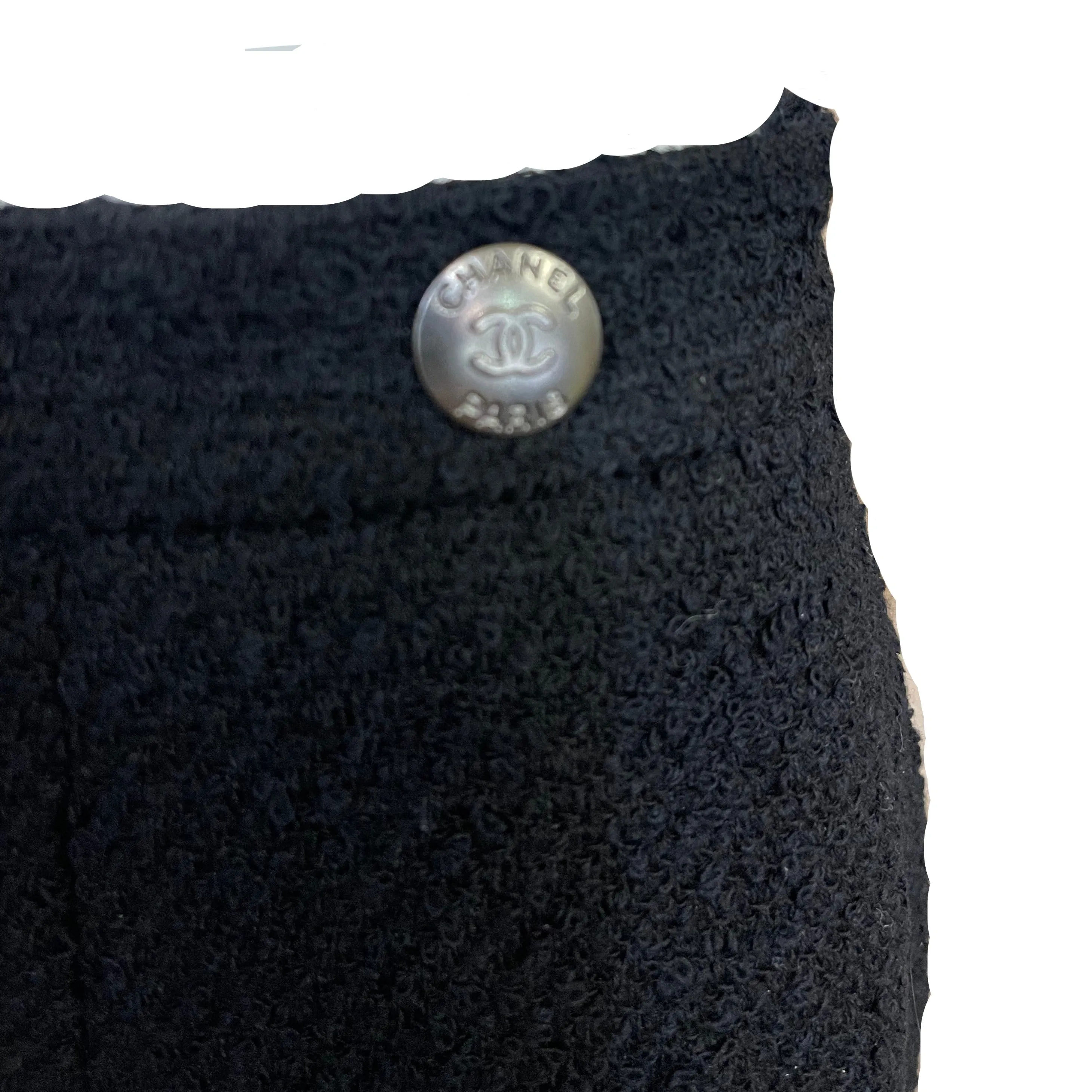 CHANEL Late 90s Black Boucle Zip-Front Suit w/Ruffle Neckline