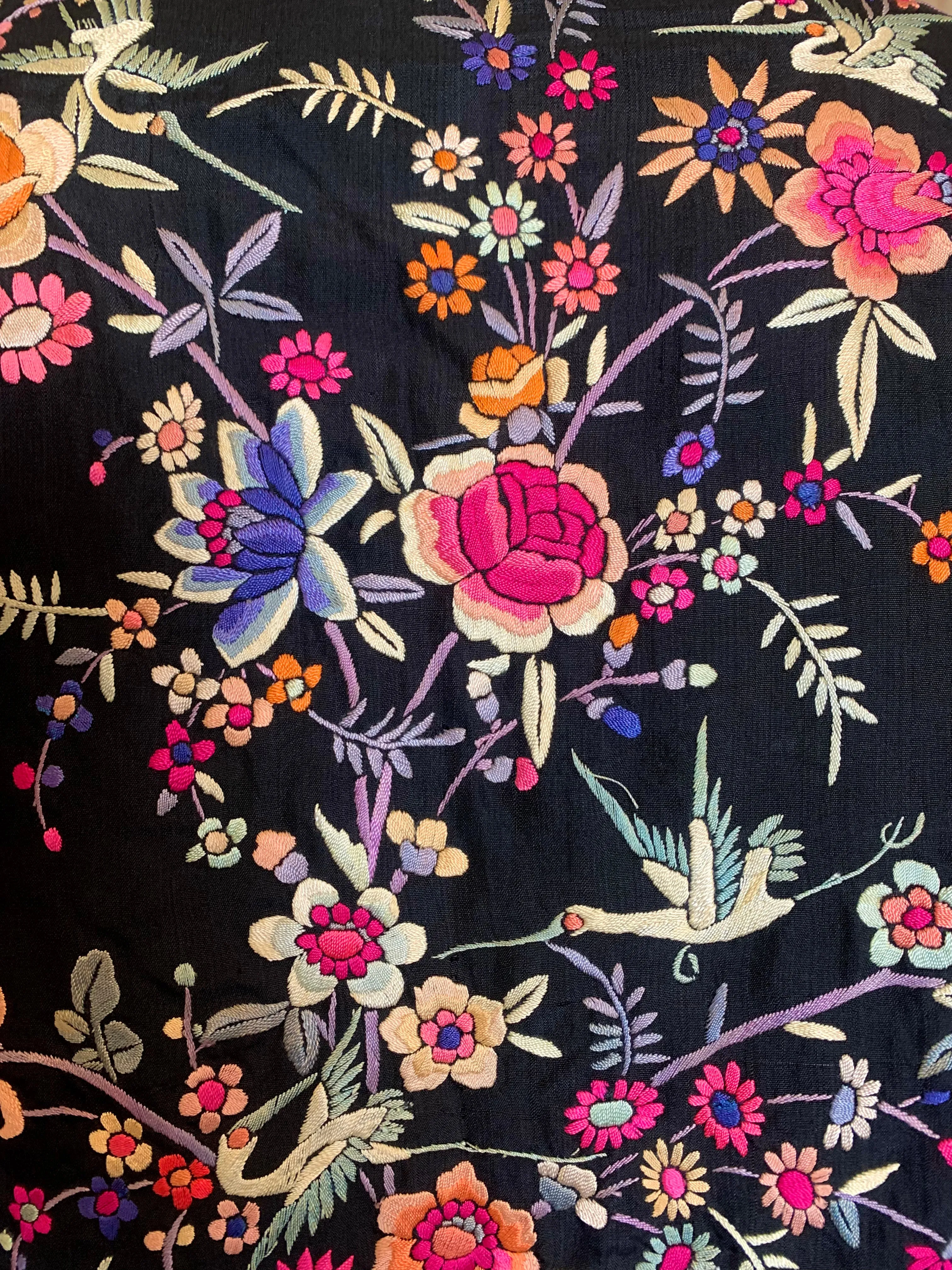 Chinese 1930s Colorful Floral Hand Embroidered Black Silk Jacket