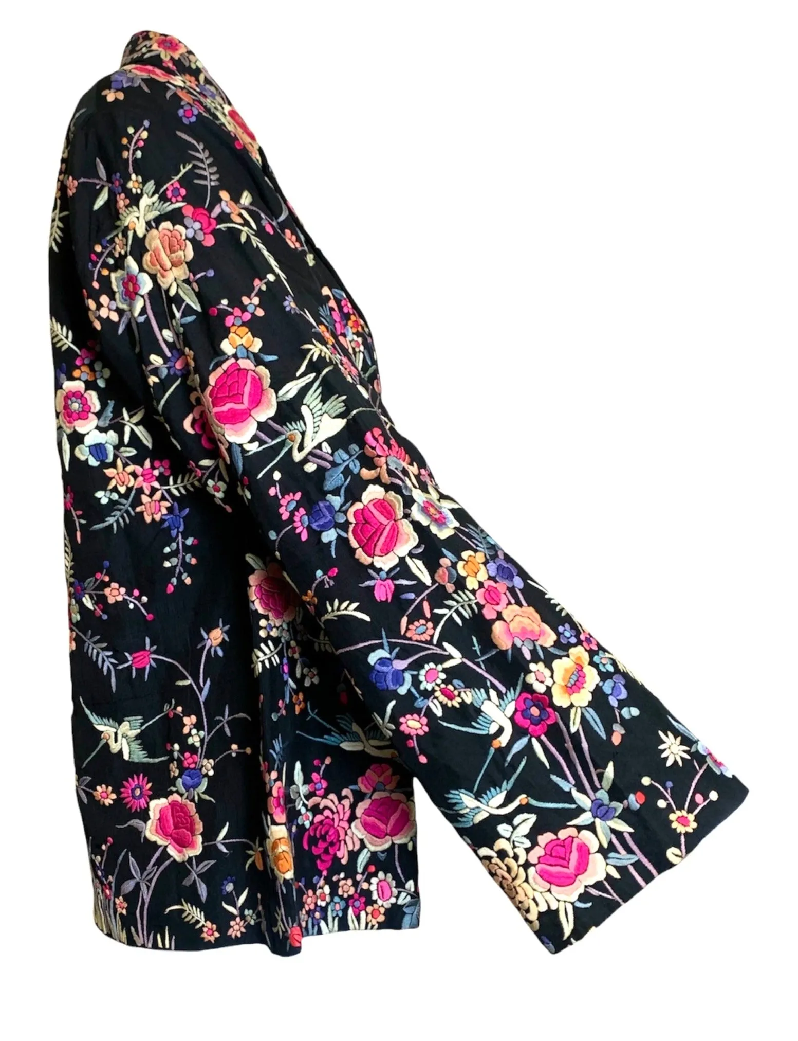Chinese 1930s Colorful Floral Hand Embroidered Black Silk Jacket
