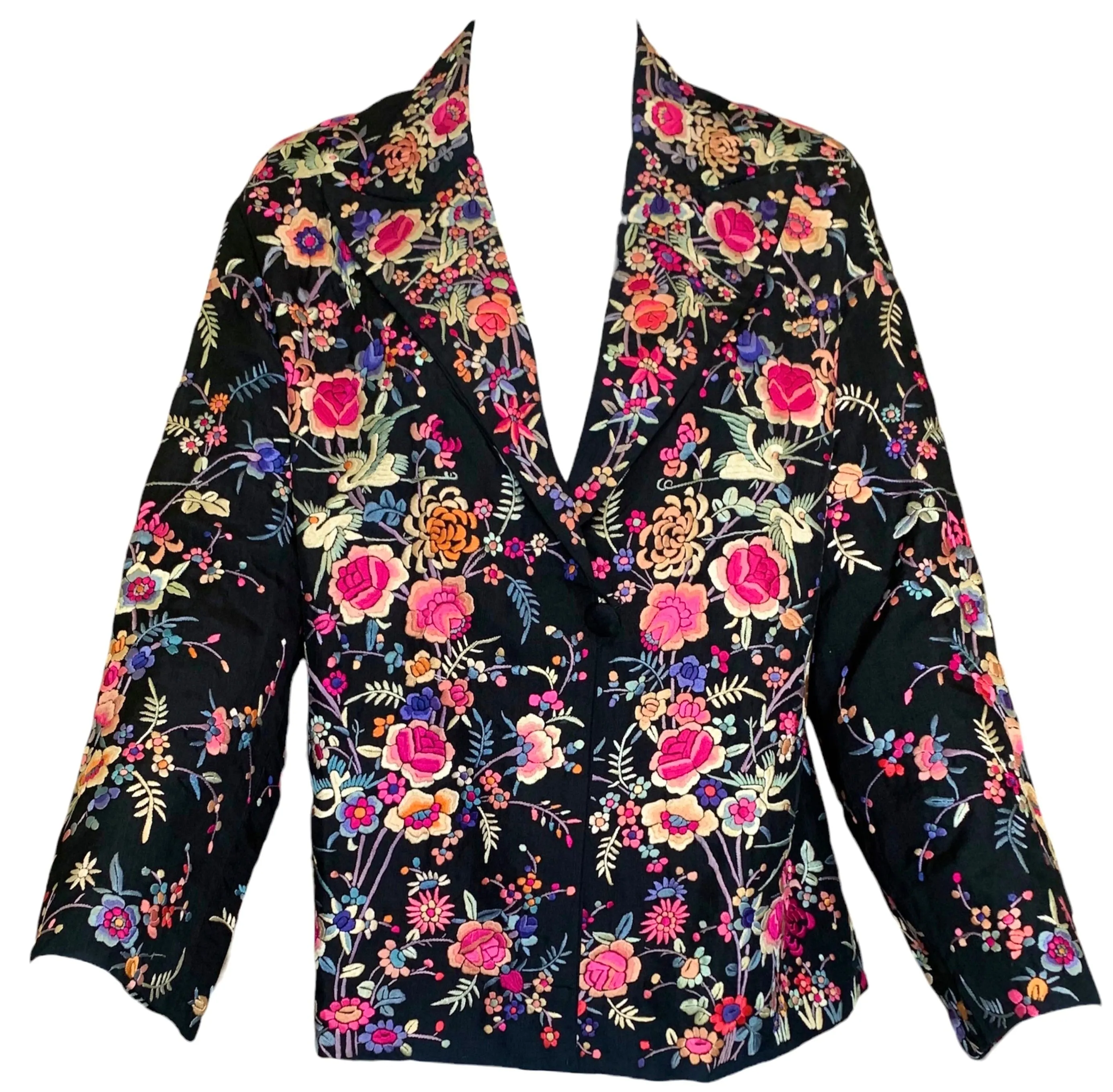Chinese 1930s Colorful Floral Hand Embroidered Black Silk Jacket