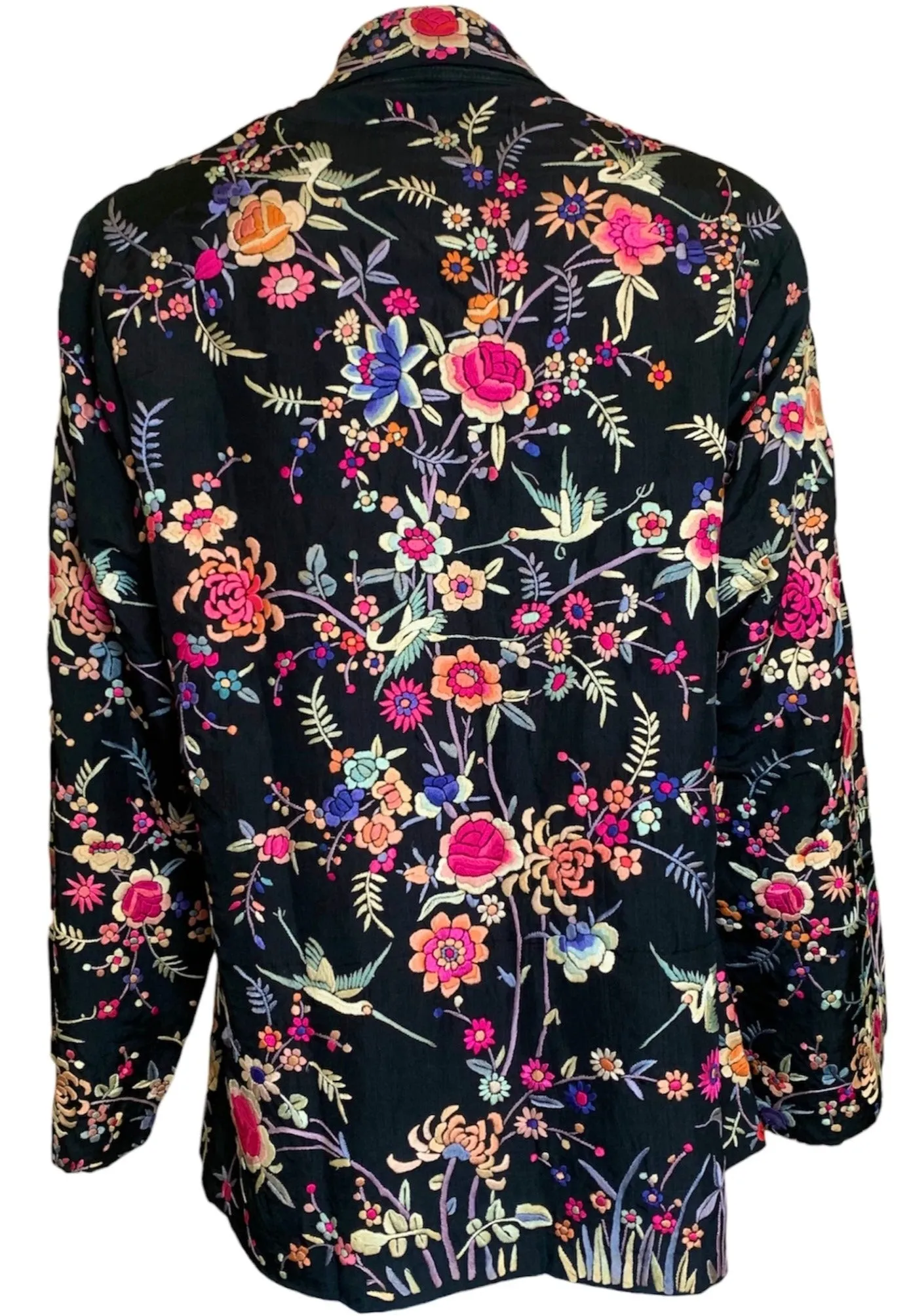 Chinese 1930s Colorful Floral Hand Embroidered Black Silk Jacket