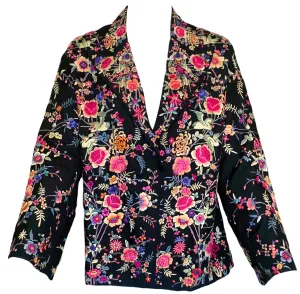 Chinese 1930s Colorful Floral Hand Embroidered Black Silk Jacket