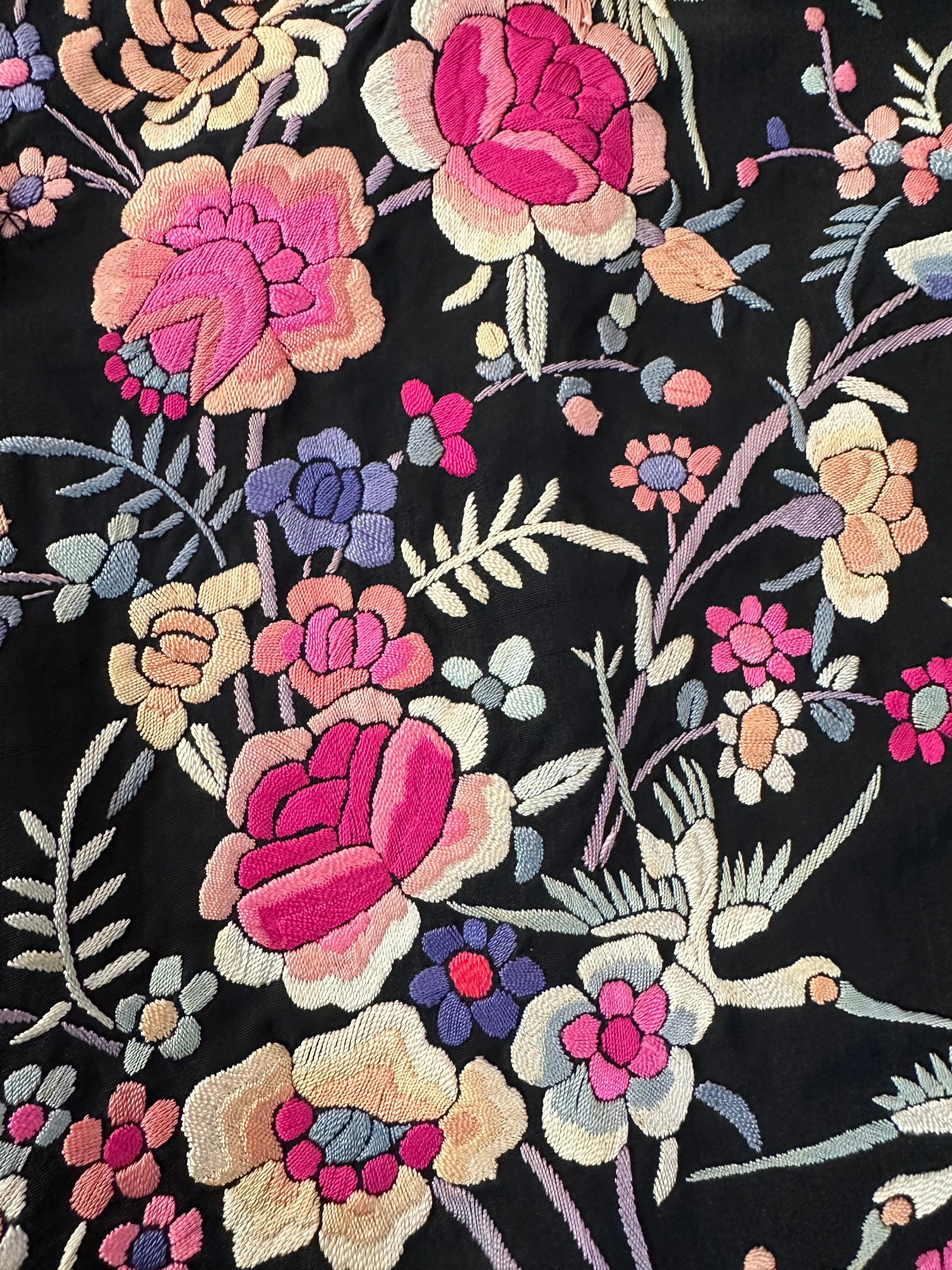 Chinese 1930s Colorful Floral Hand Embroidered Black Silk Jacket