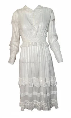 Edwardian/Early 20s White Lawn  Dress with Ruffle  and Lace Insert Detail