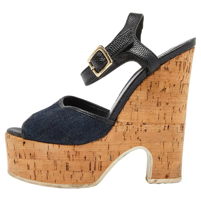 Fendi 2000's Blue Denim Cork Wedge Sandal Heels, 35
