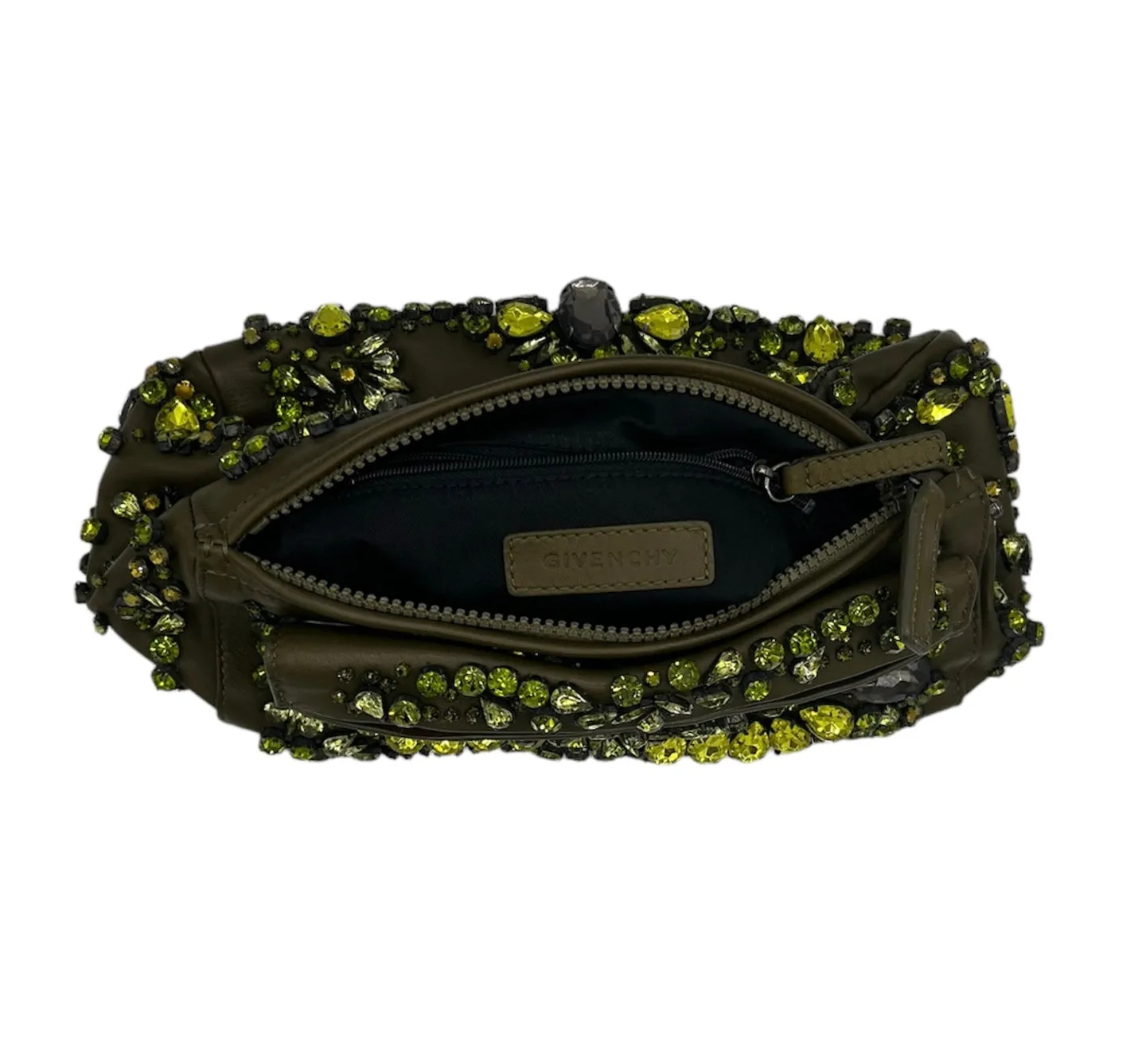 GIVENCHY Olive Green Rhinestone Leather Pouch Clutch