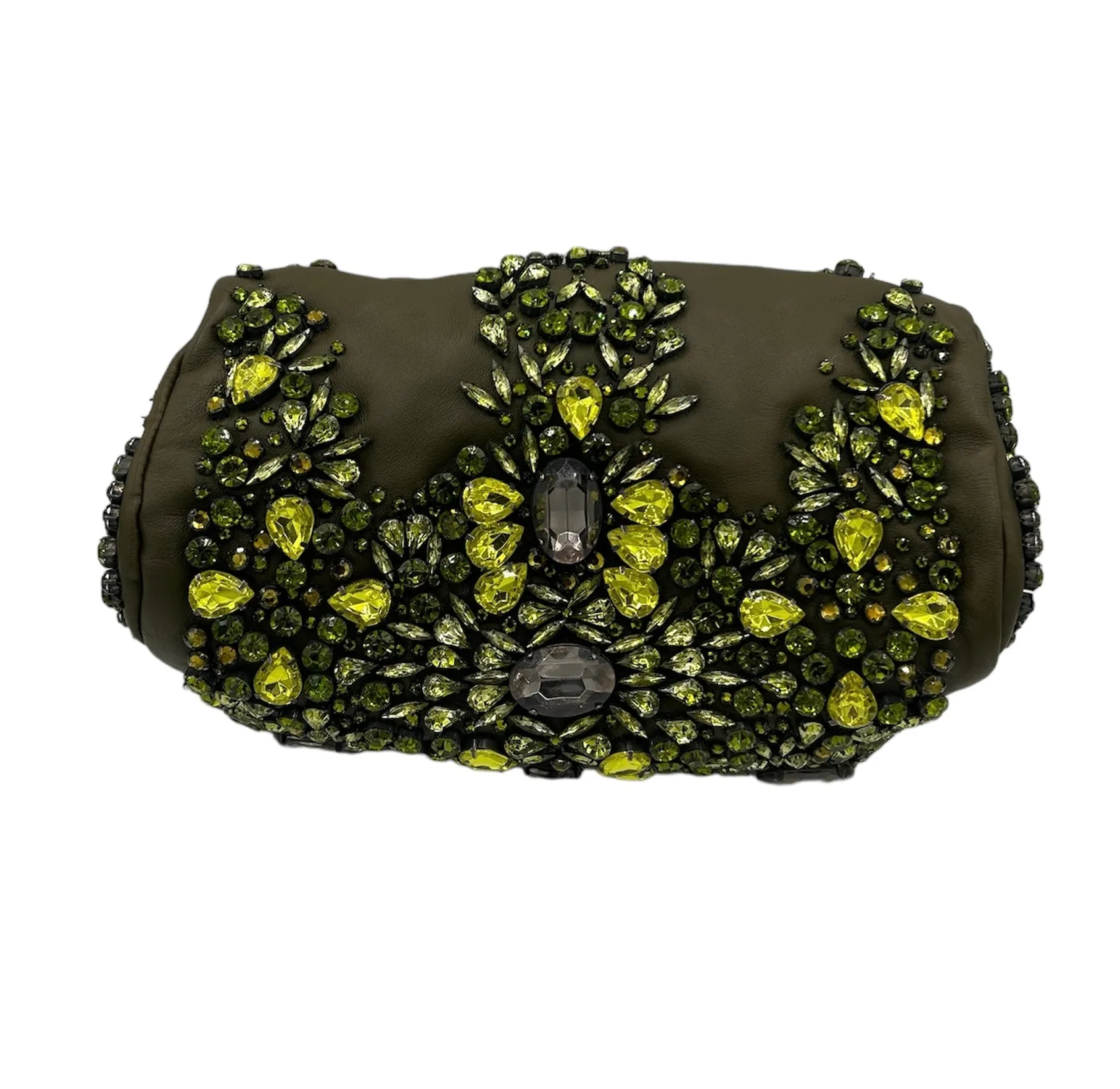 GIVENCHY Olive Green Rhinestone Leather Pouch Clutch