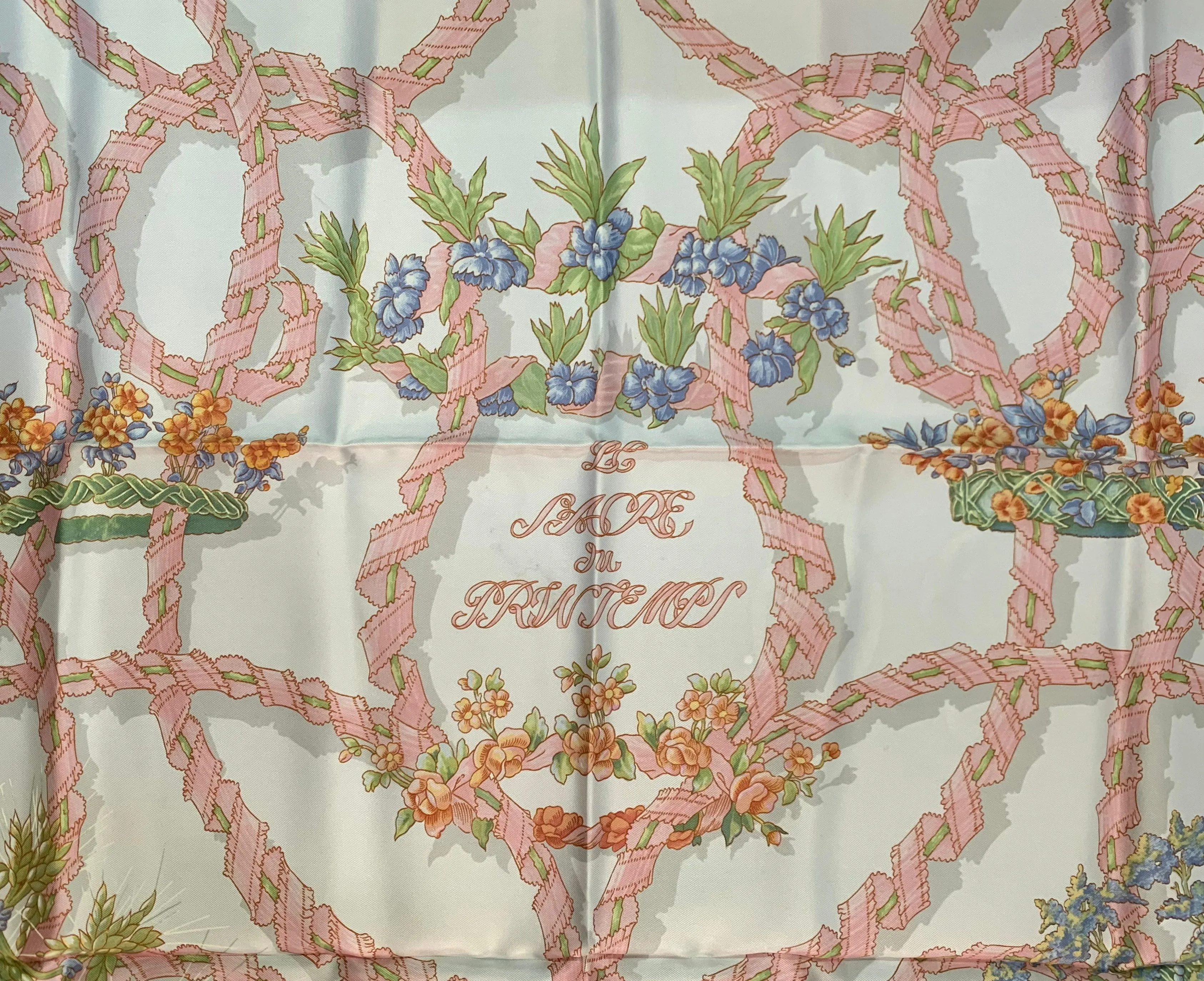 Hermes 1986 'Le Sacre du Printemps' Spring Pink & White Silk Scarf