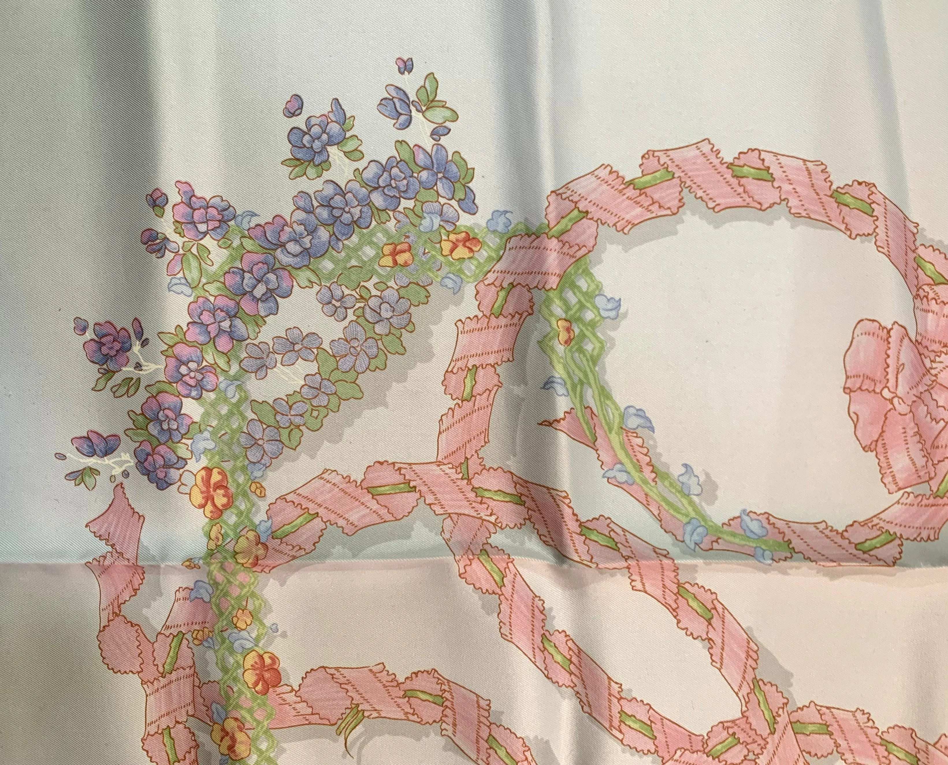 Hermes 1986 'Le Sacre du Printemps' Spring Pink & White Silk Scarf