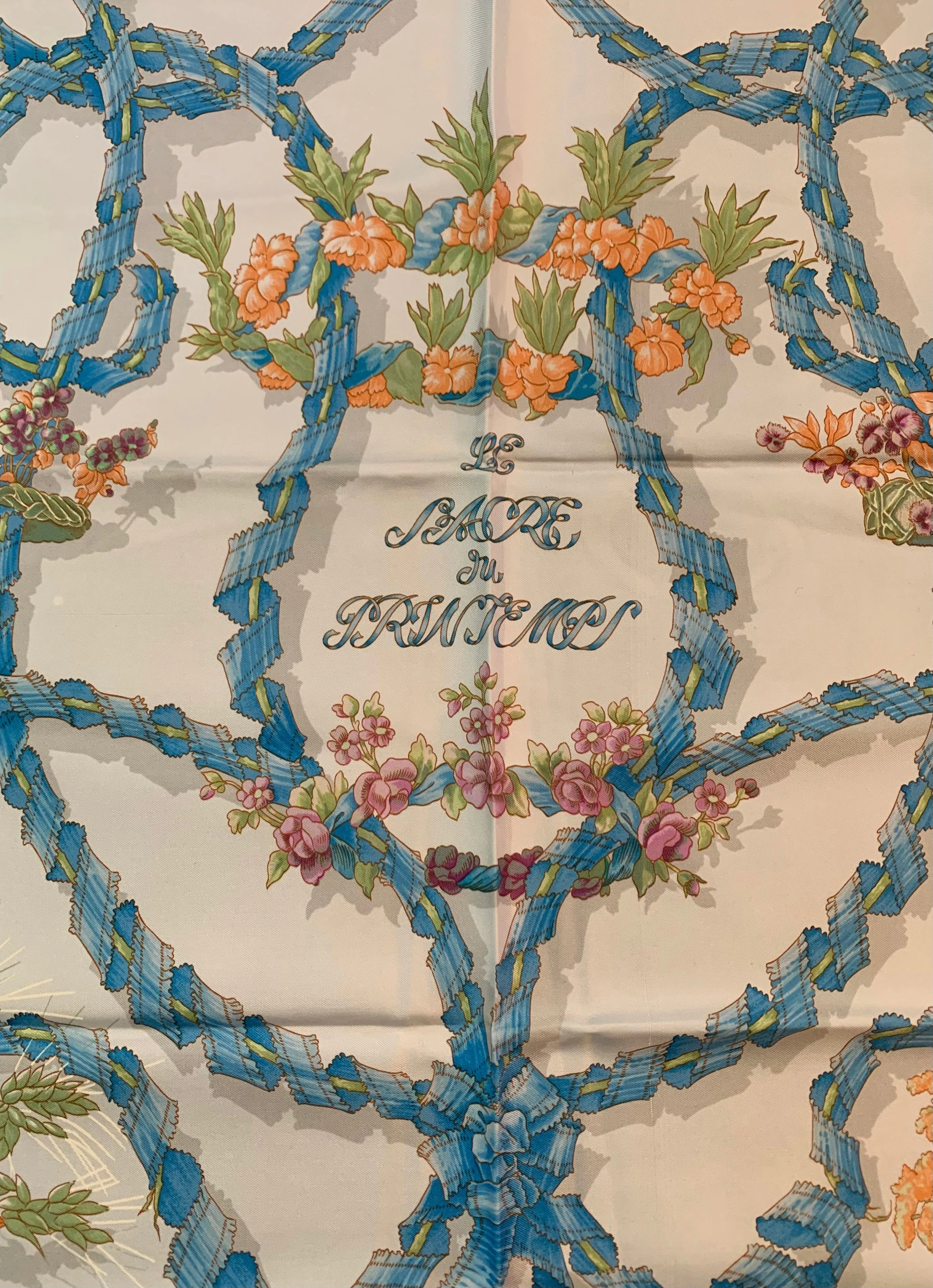 Hermes 1986 'Le Sacre du Printemps" Ivory & Blue Silk Scarf
