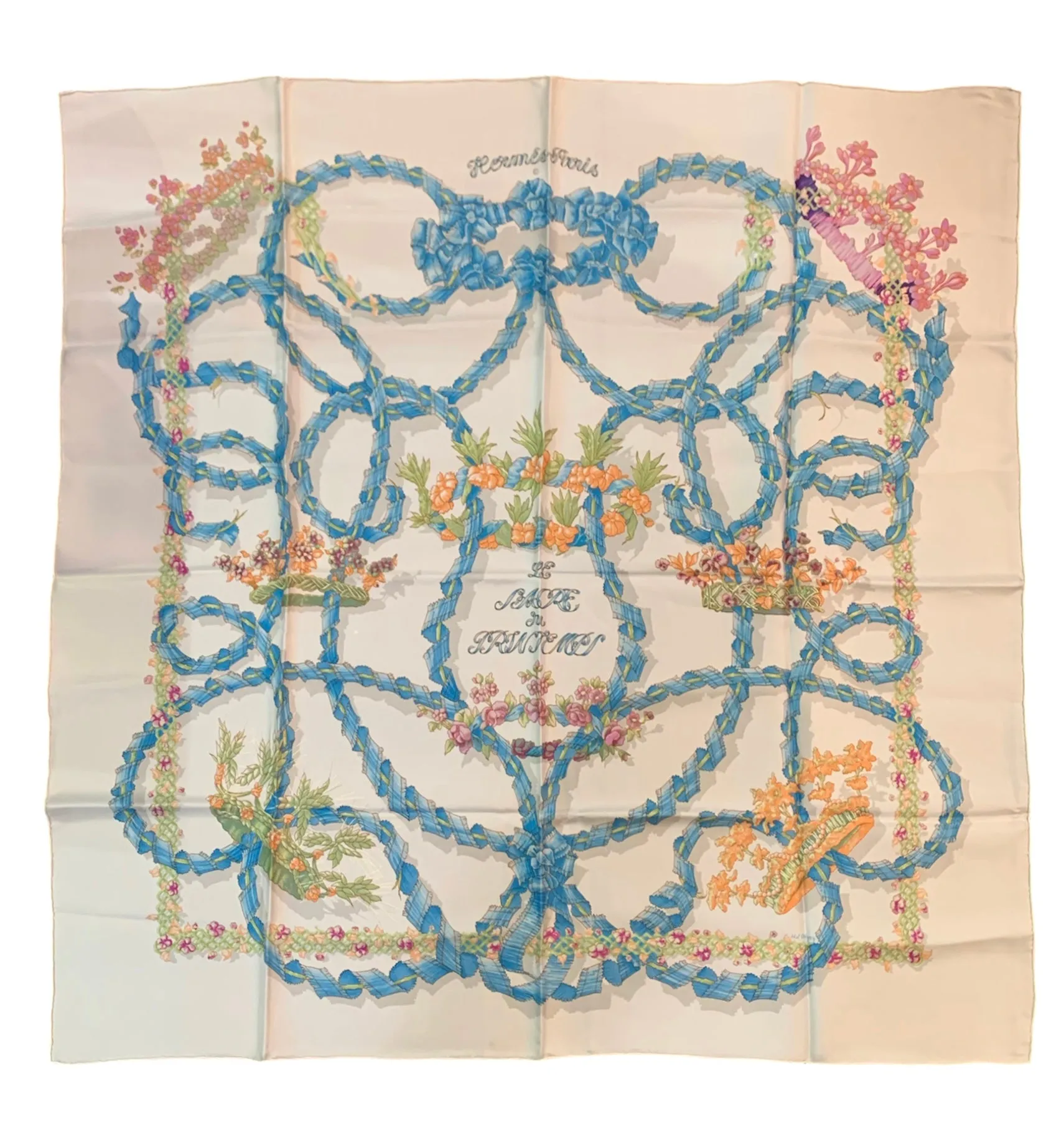 Hermes 1986 'Le Sacre du Printemps" Ivory & Blue Silk Scarf