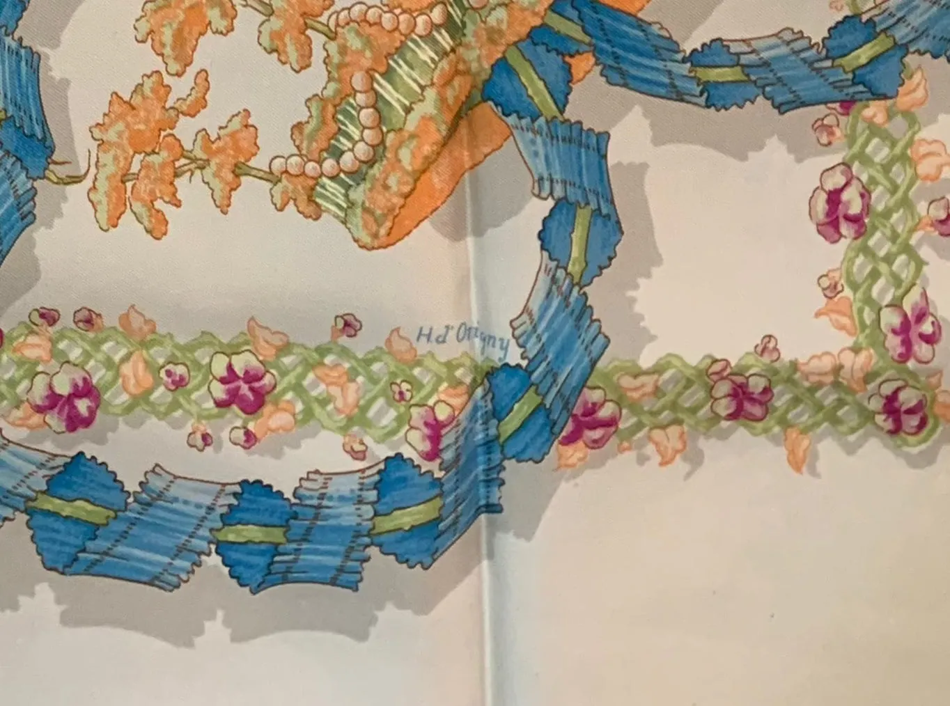Hermes 1986 'Le Sacre du Printemps" Ivory & Blue Silk Scarf