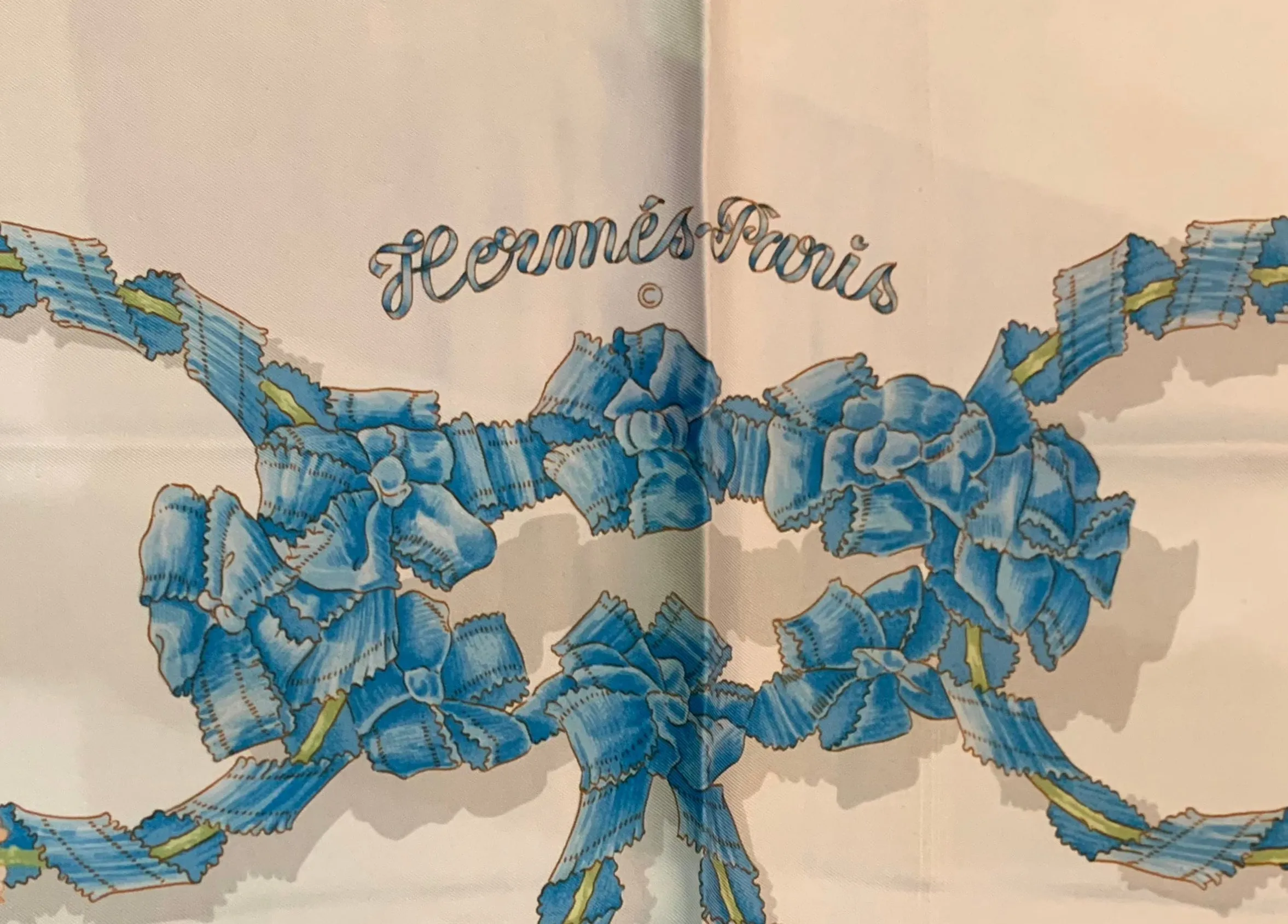 Hermes 1986 'Le Sacre du Printemps" Ivory & Blue Silk Scarf