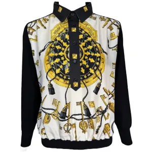 HERMES PARIS “Les Cles” 1980's Black & Yellow Silk Scarf Wool Sweater