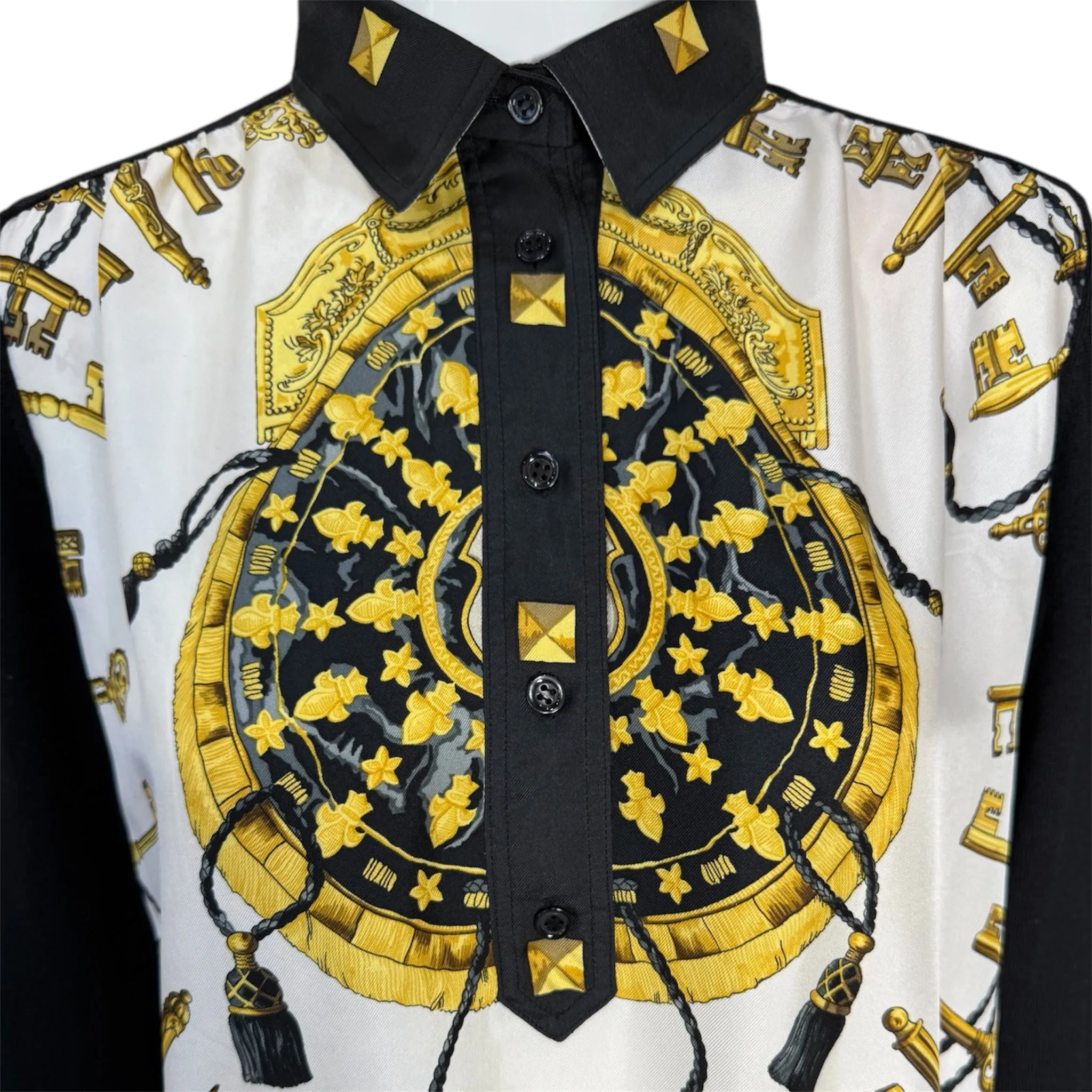 HERMES PARIS “Les Cles” 1980's Black & Yellow Silk Scarf Wool Sweater