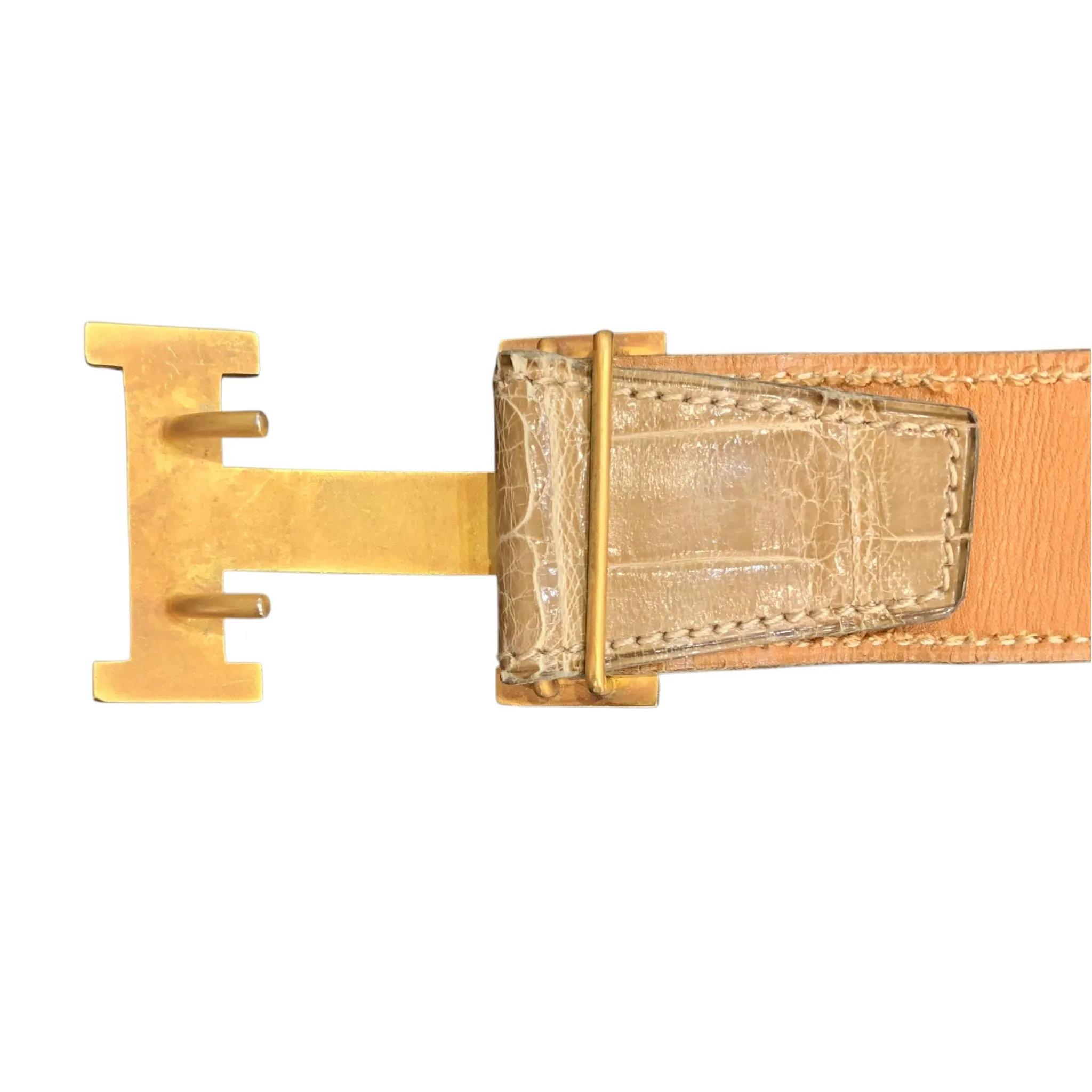 Hermès 1980's Tan Alligator Belt with Gold Constance 38mm Belt Buckle