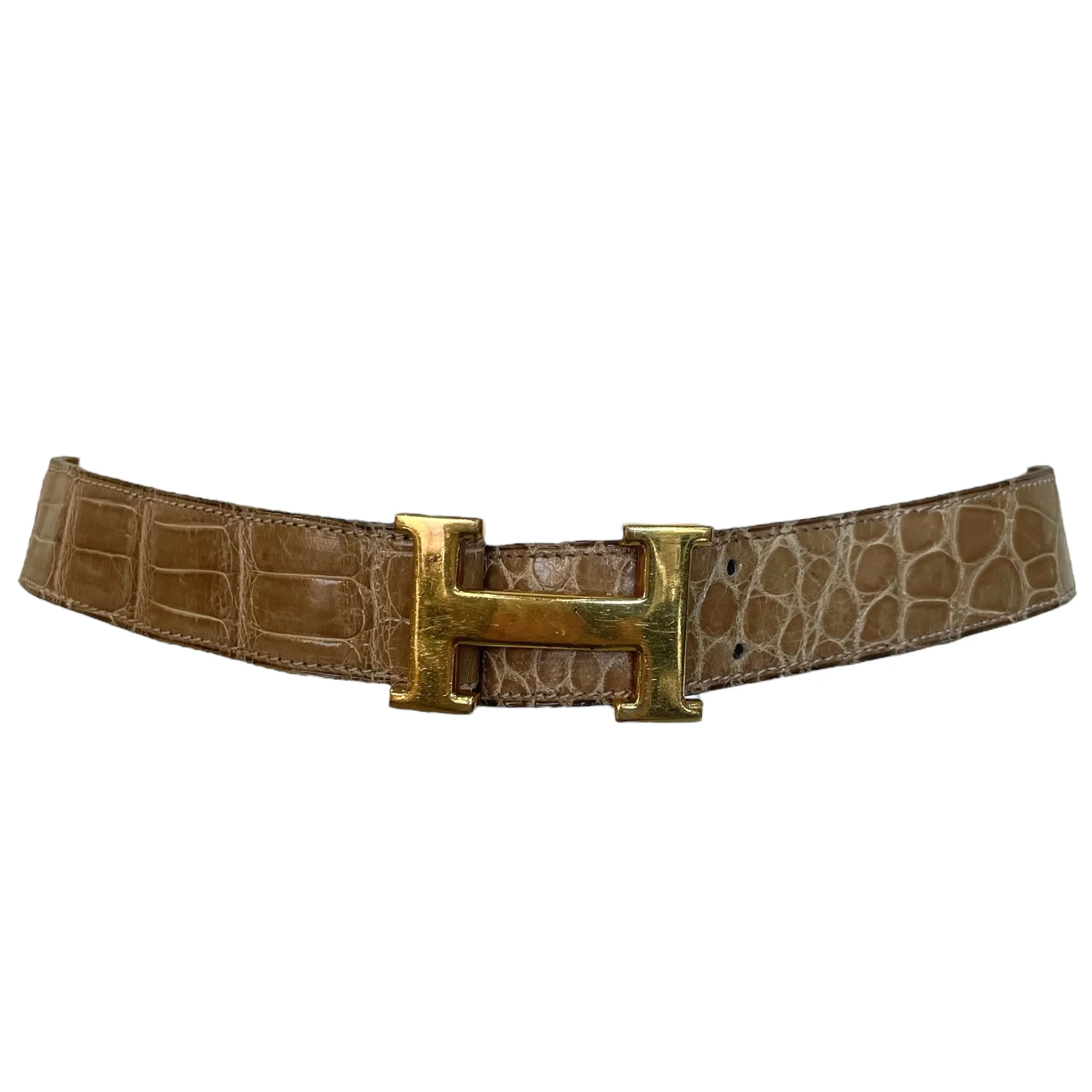 Hermès 1980's Tan Alligator Belt with Gold Constance 38mm Belt Buckle