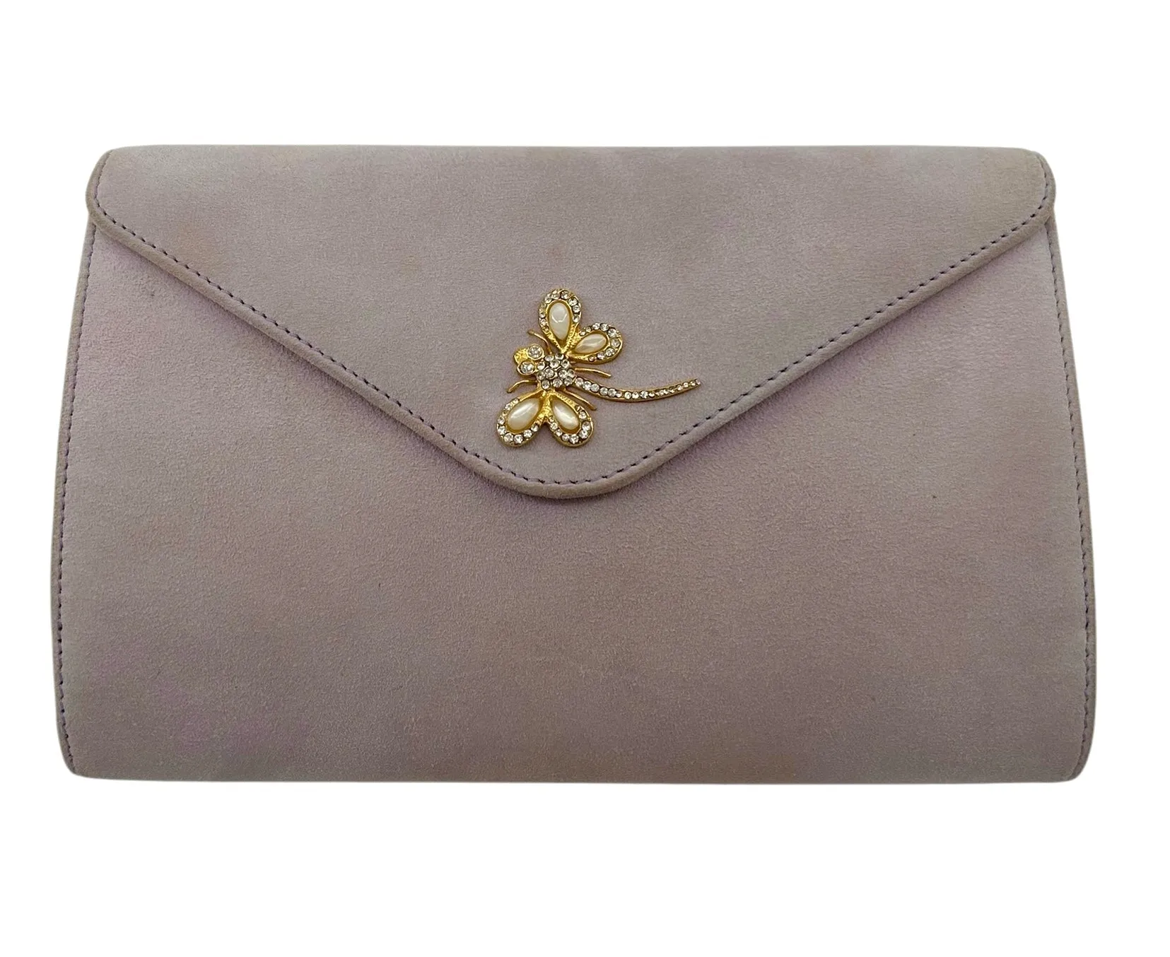 Jarin 1990s Lavender Suede Purse with Rhinestone Dragonfly and Chain Strap