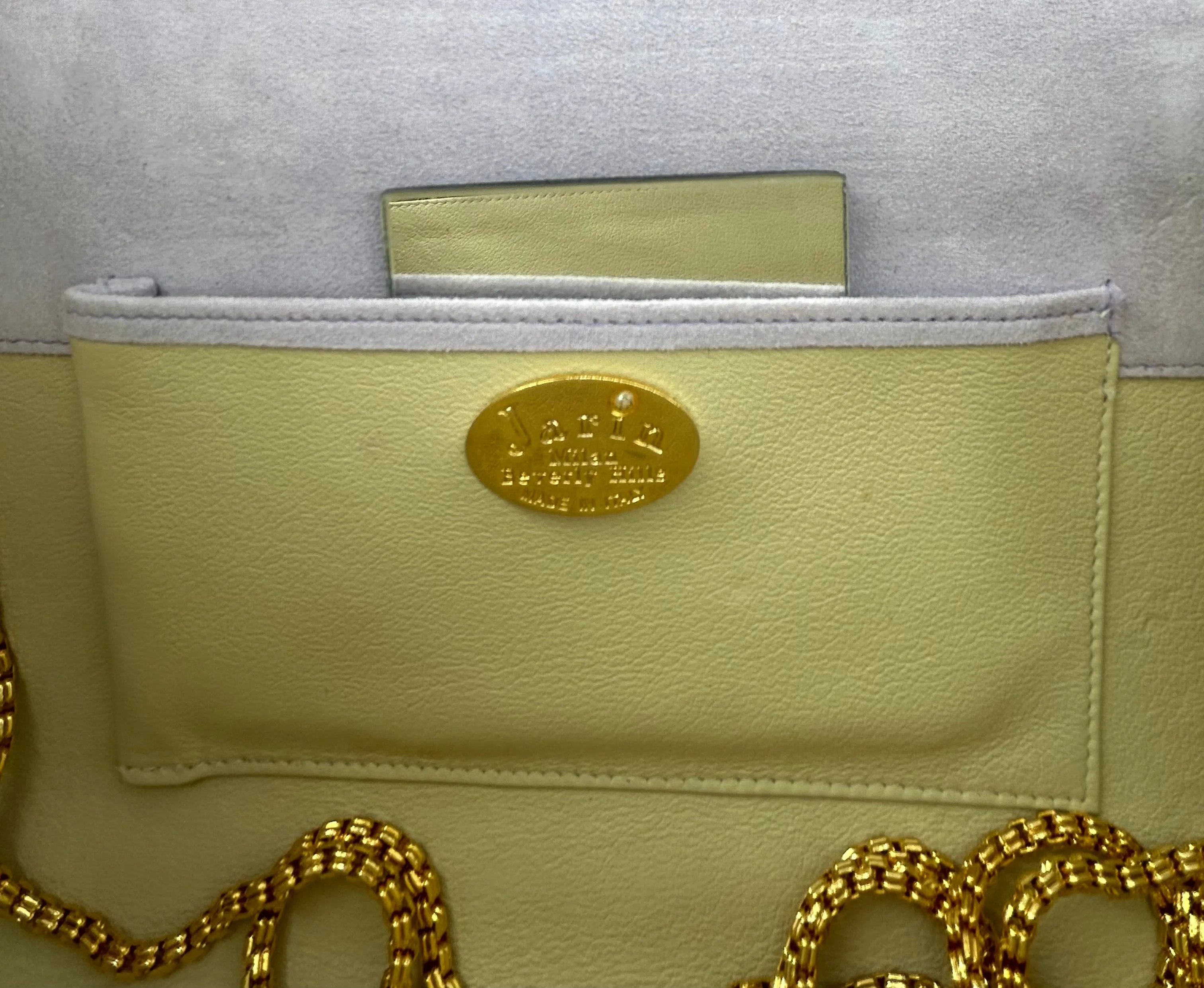 Jarin 1990s Lavender Suede Purse with Rhinestone Dragonfly and Chain Strap