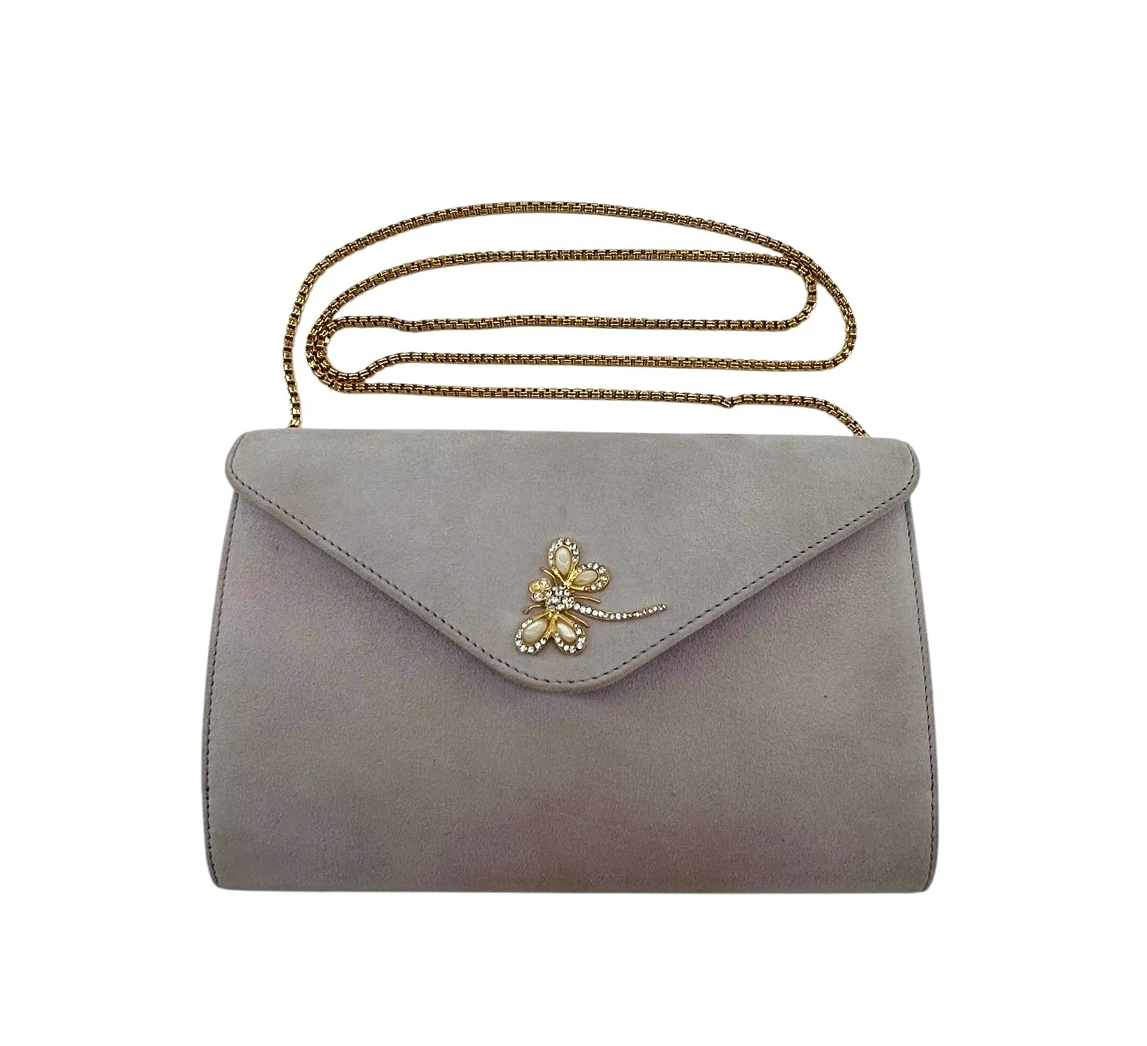 Jarin 1990s Lavender Suede Purse with Rhinestone Dragonfly and Chain Strap