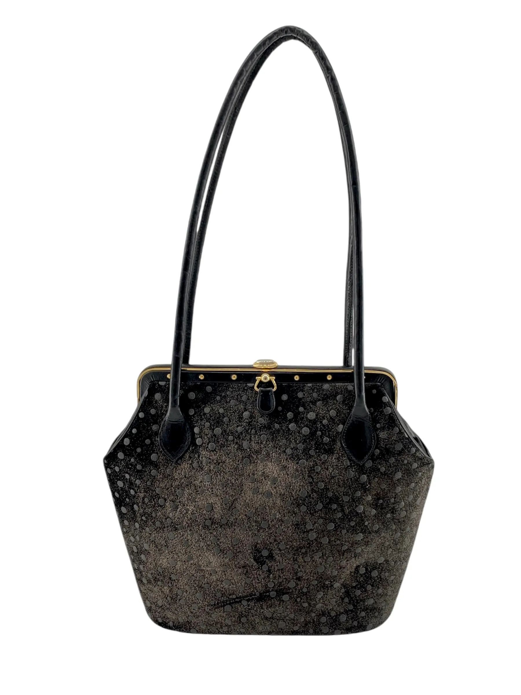 Judith Leiber 90's Shimmery Charcoal Suede Polka Dot Purse