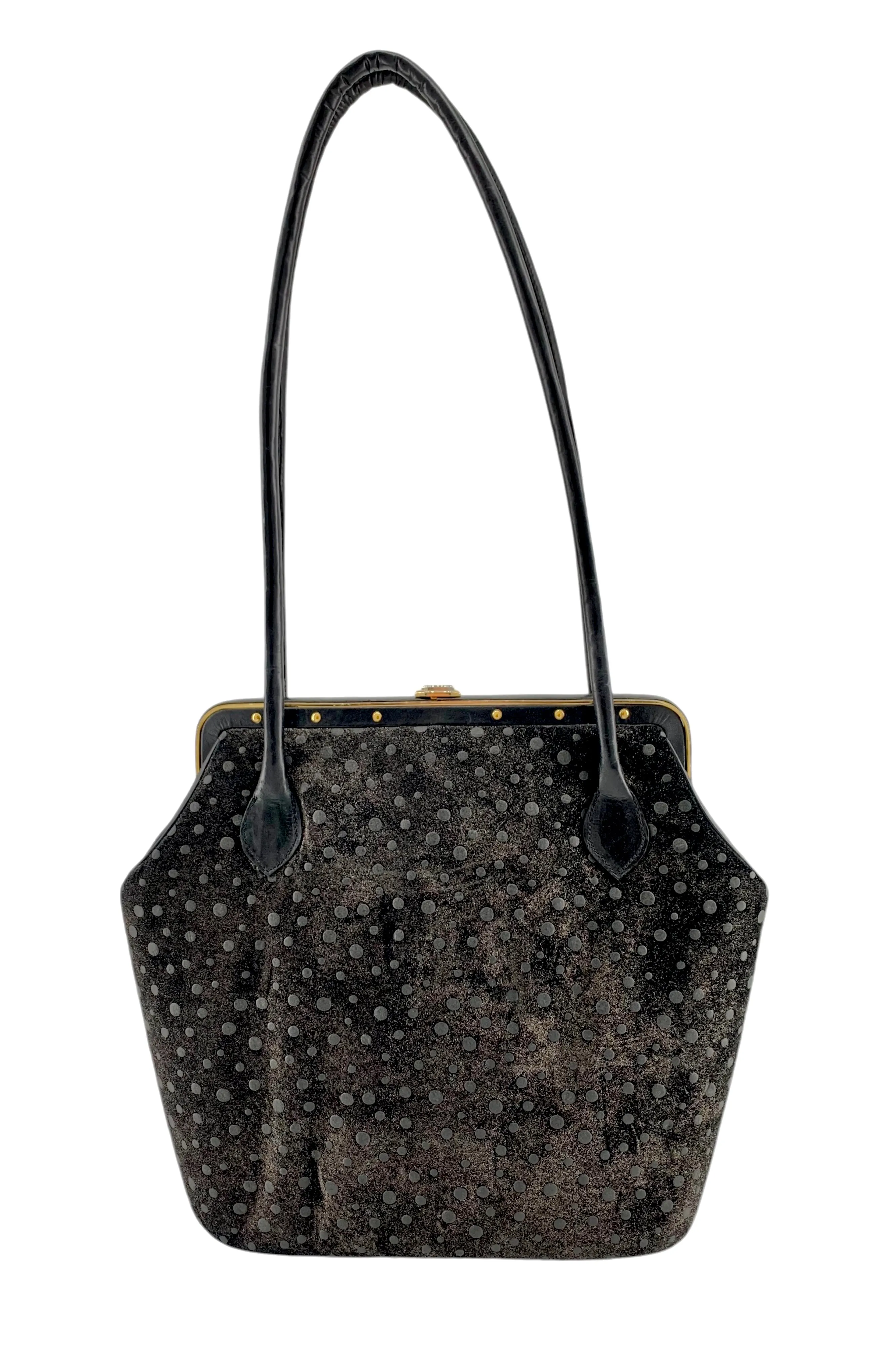 Judith Leiber 90's Shimmery Charcoal Suede Polka Dot Purse
