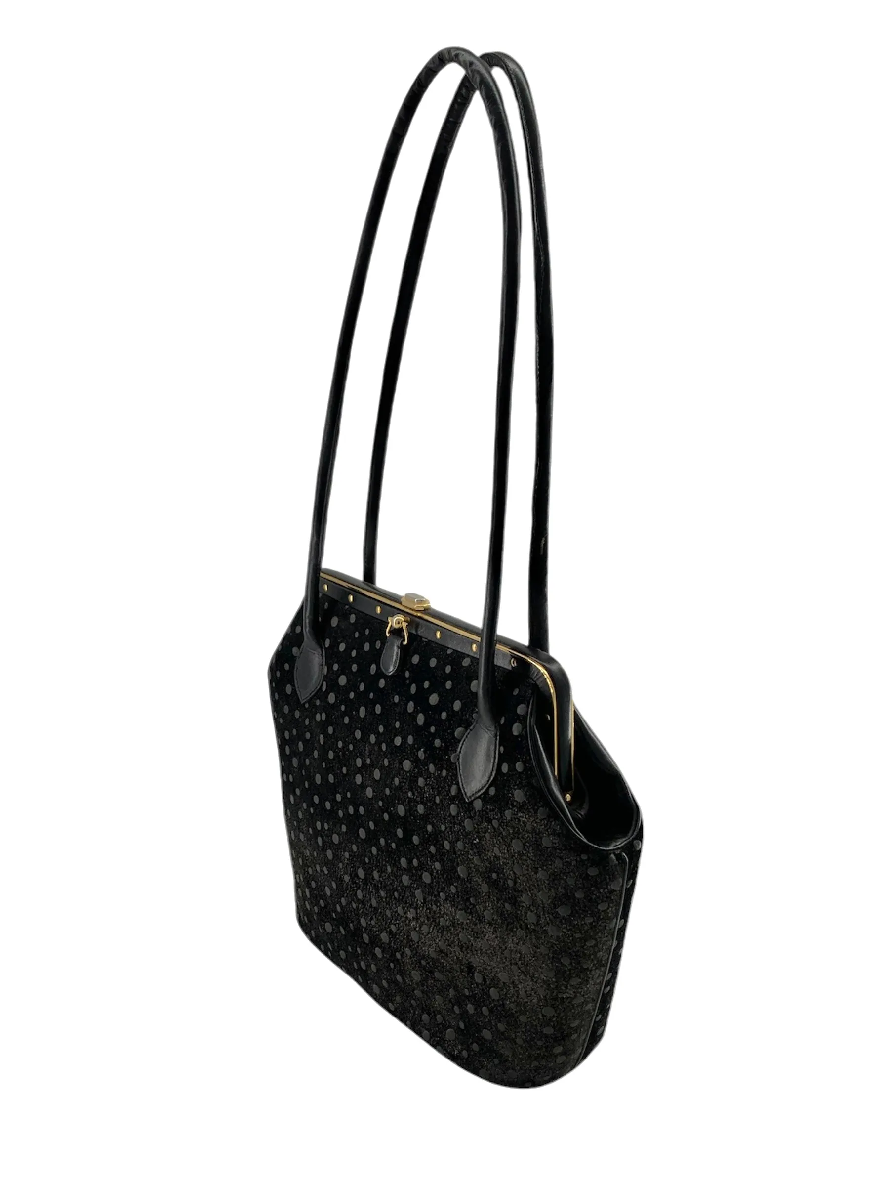 Judith Leiber 90's Shimmery Charcoal Suede Polka Dot Purse