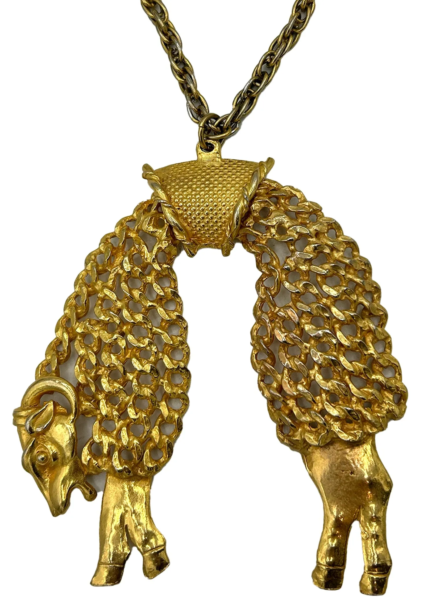 Kenneth Jay Lane 1970's Golden Fleece Ram Pendant Necklace
