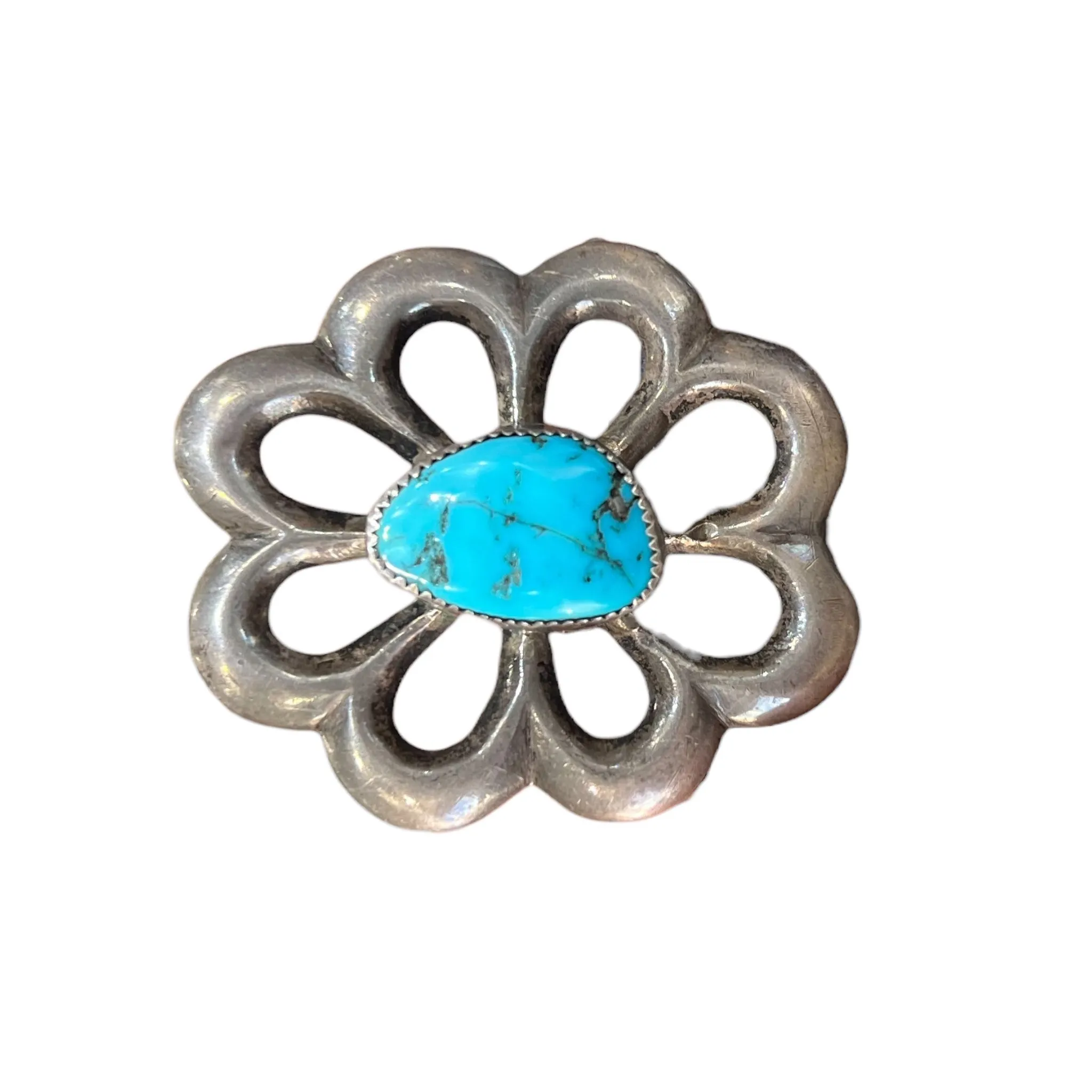 Lenora Dale Navajo Pawn Silver Sand-Cast Flower and Butterfly Concho with Turquoise