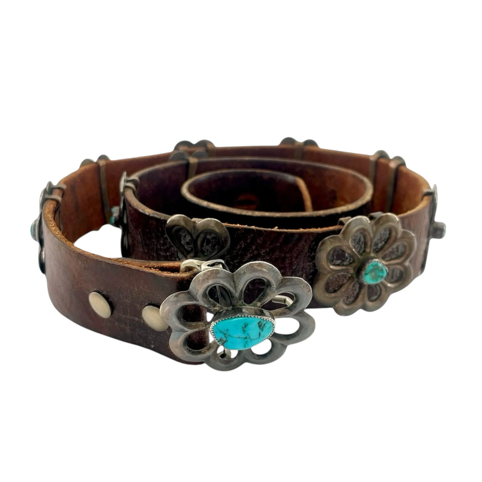 Lenora Dale Navajo Pawn Silver Sand-Cast Flower and Butterfly Concho with Turquoise