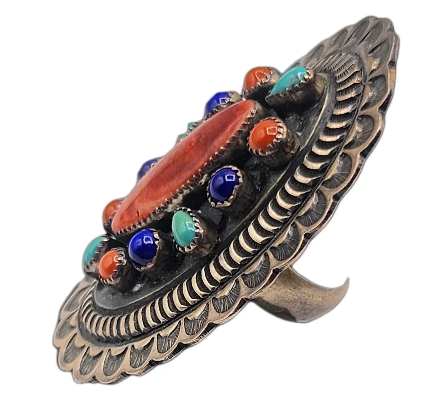 Navajo Large Spiny Oyster Turquoise Lapis Sterling Silver Ring