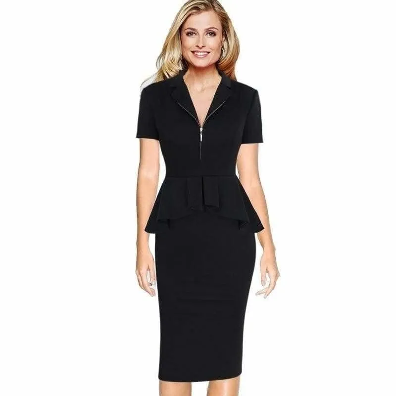 Peplum Vintage Wear To Work Business Zipper Front Lapel Midi Dress