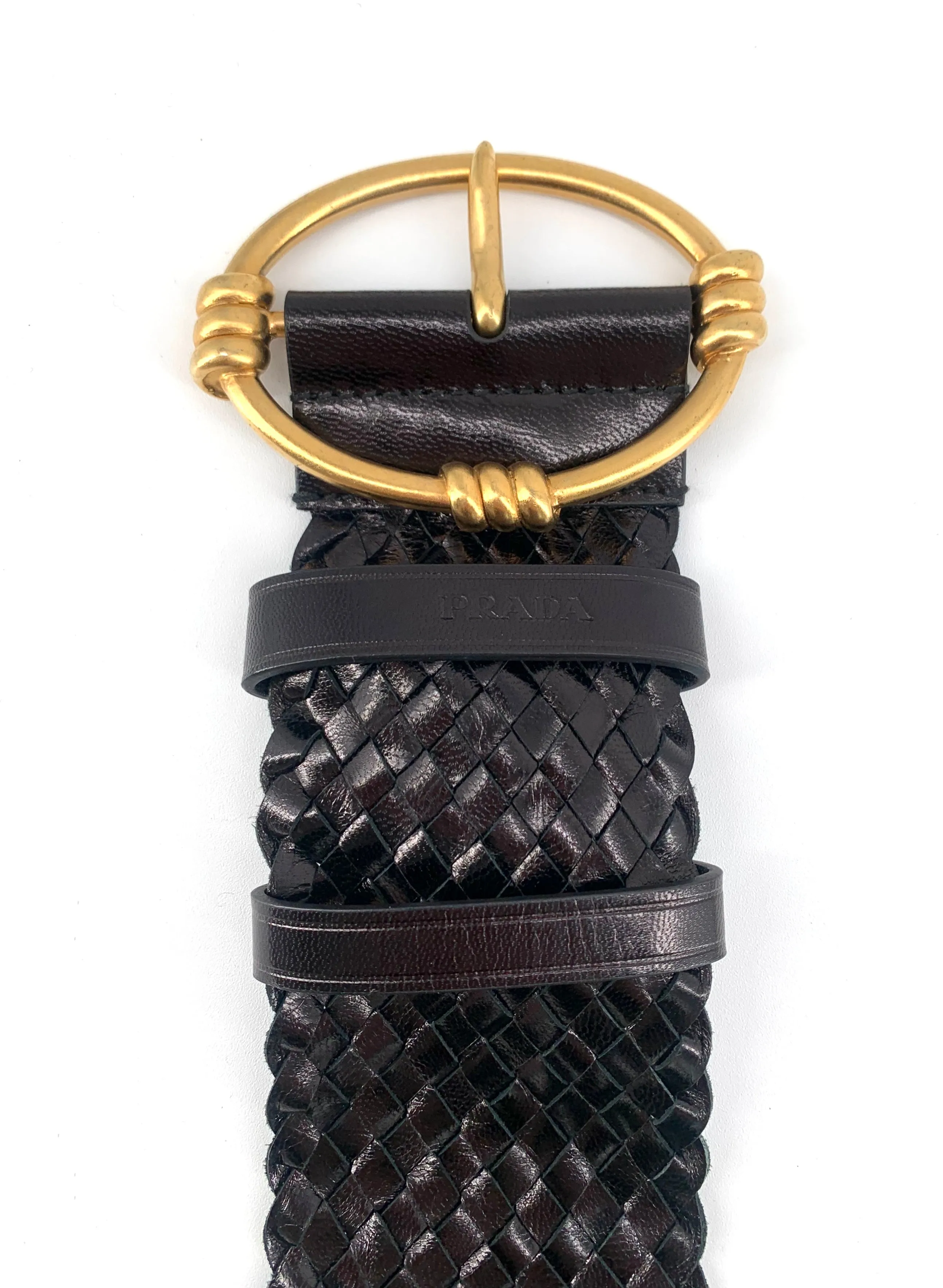 PRADA 2000's Black Wide Woven Leather Belt with Gold Toned Buckle