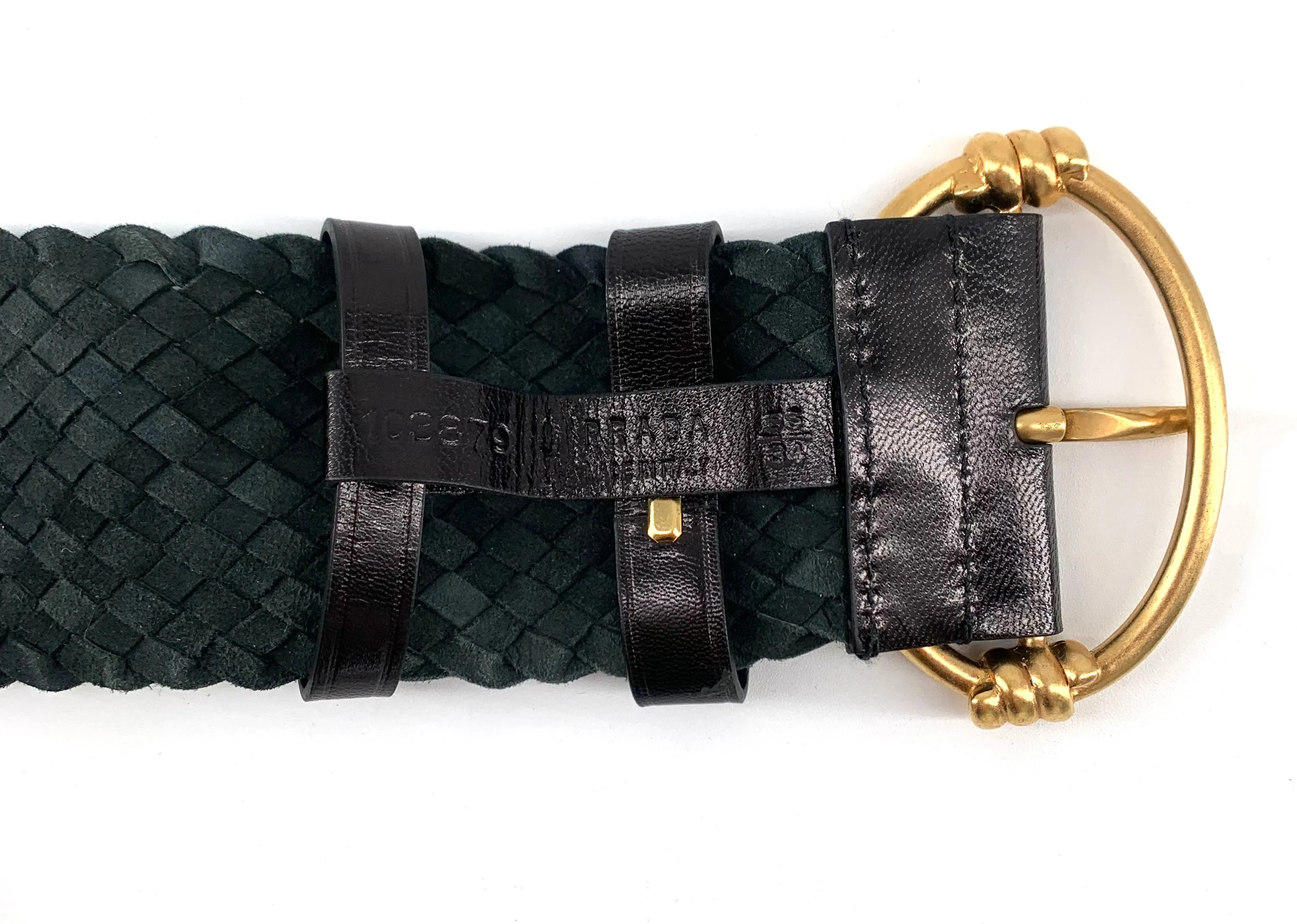 PRADA 2000's Black Wide Woven Leather Belt with Gold Toned Buckle