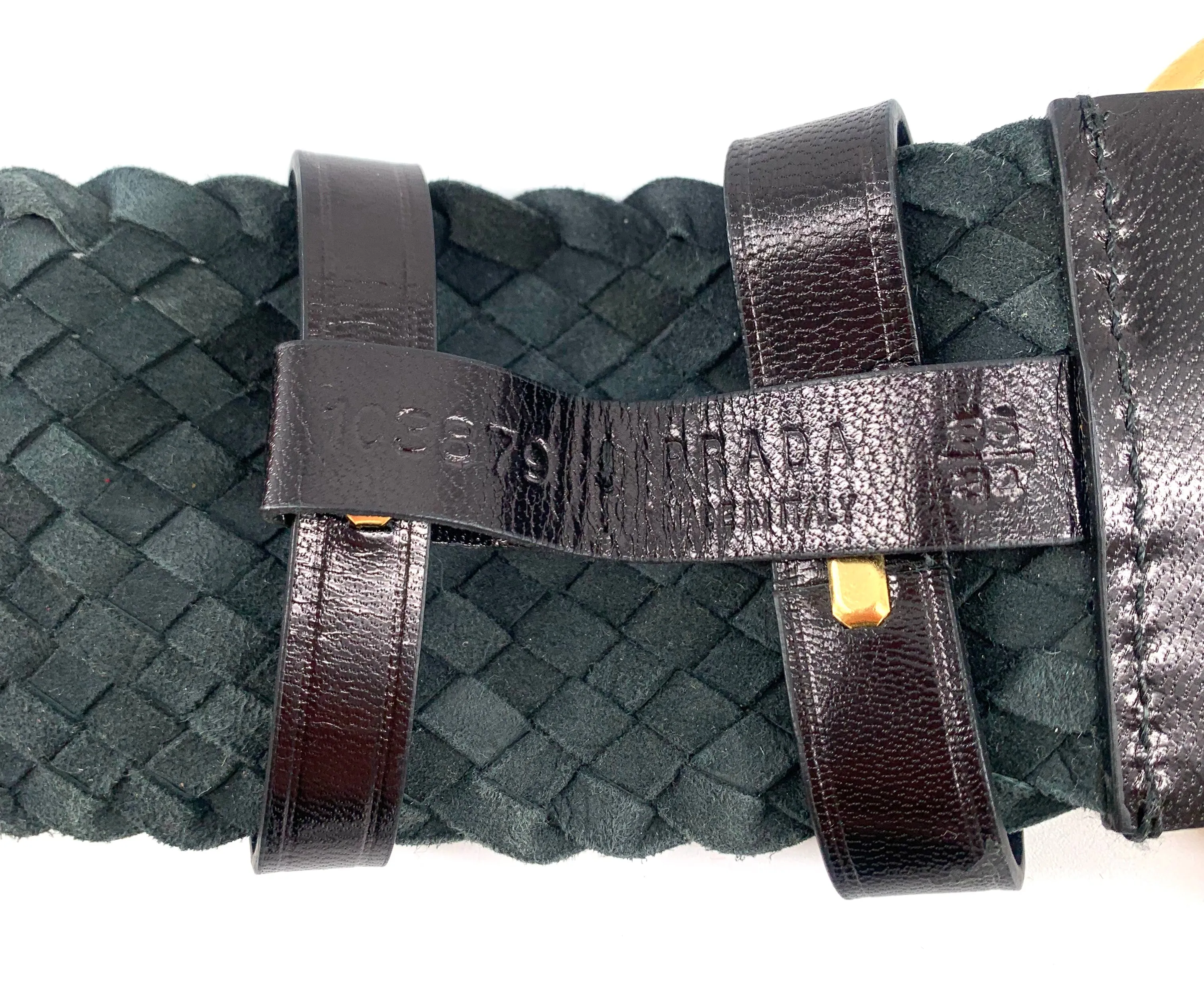 PRADA 2000's Black Wide Woven Leather Belt with Gold Toned Buckle