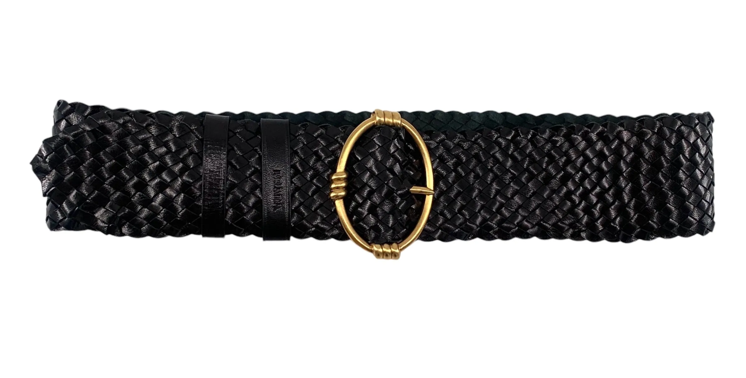PRADA 2000's Black Wide Woven Leather Belt with Gold Toned Buckle