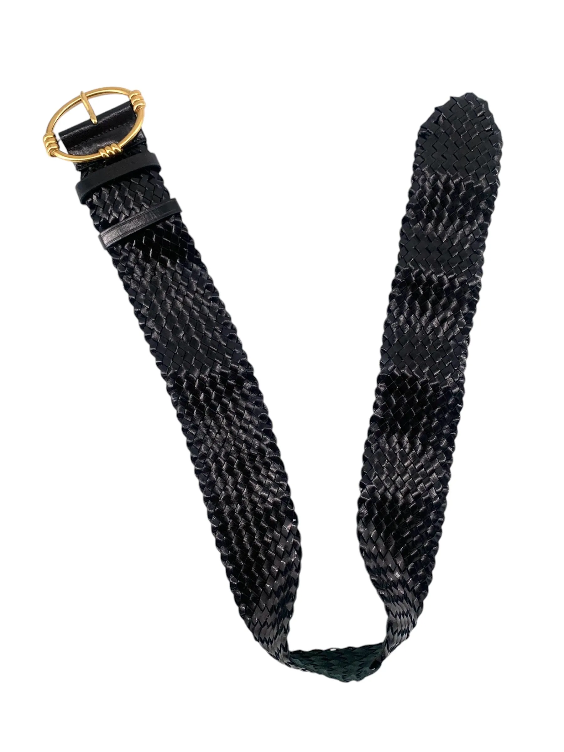 PRADA 2000's Black Wide Woven Leather Belt with Gold Toned Buckle