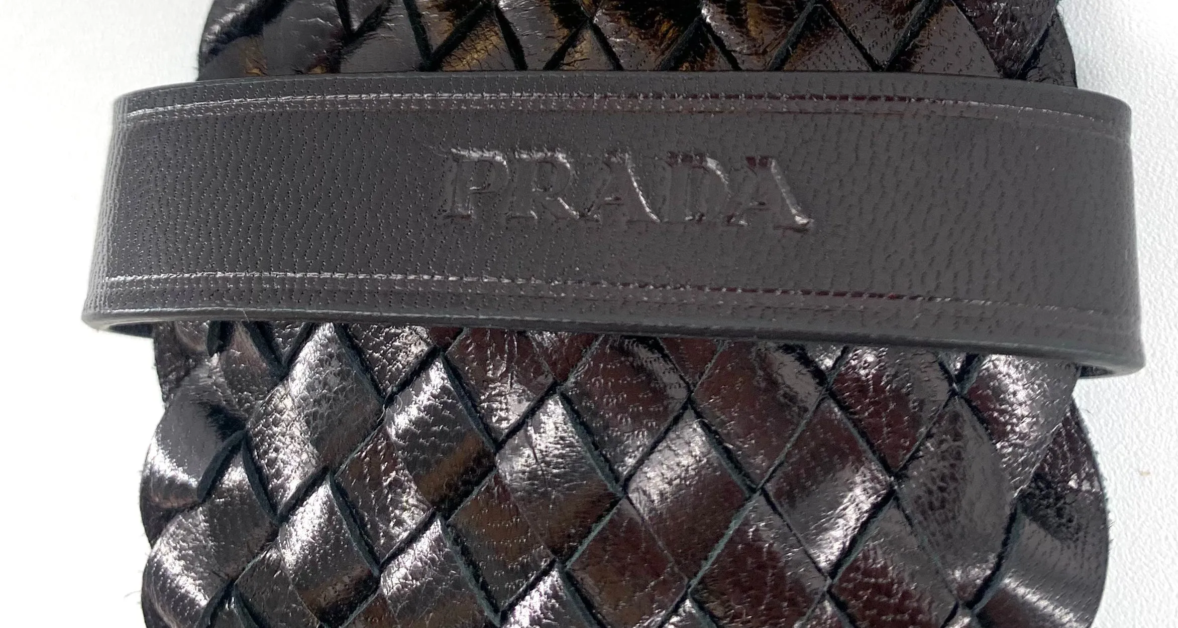 PRADA 2000's Black Wide Woven Leather Belt with Gold Toned Buckle