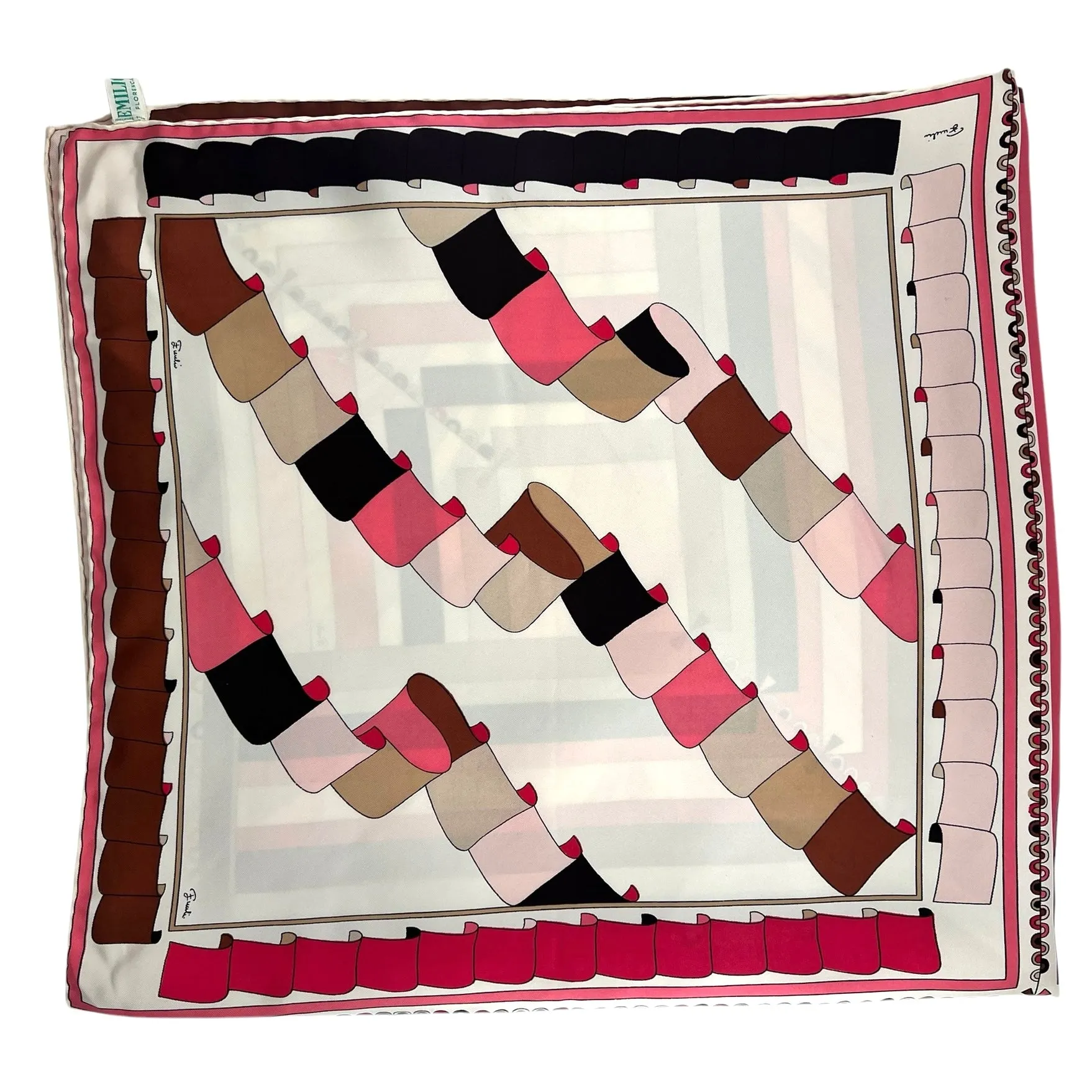 Pucci '60s Geometric Psychedelic Pink, Tan, & Black Square Silk Scarf
