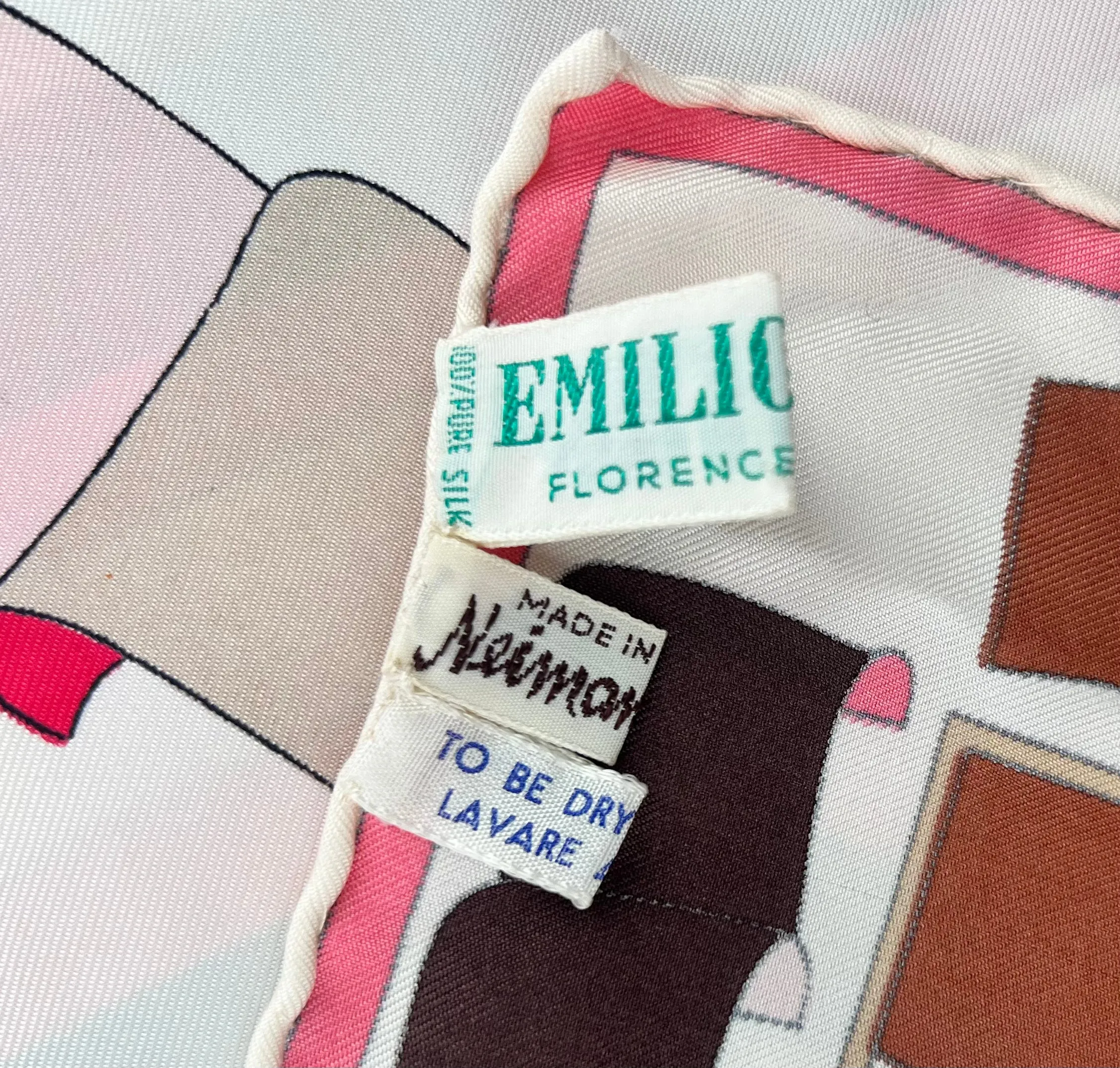Pucci '60s Geometric Psychedelic Pink, Tan, & Black Square Silk Scarf