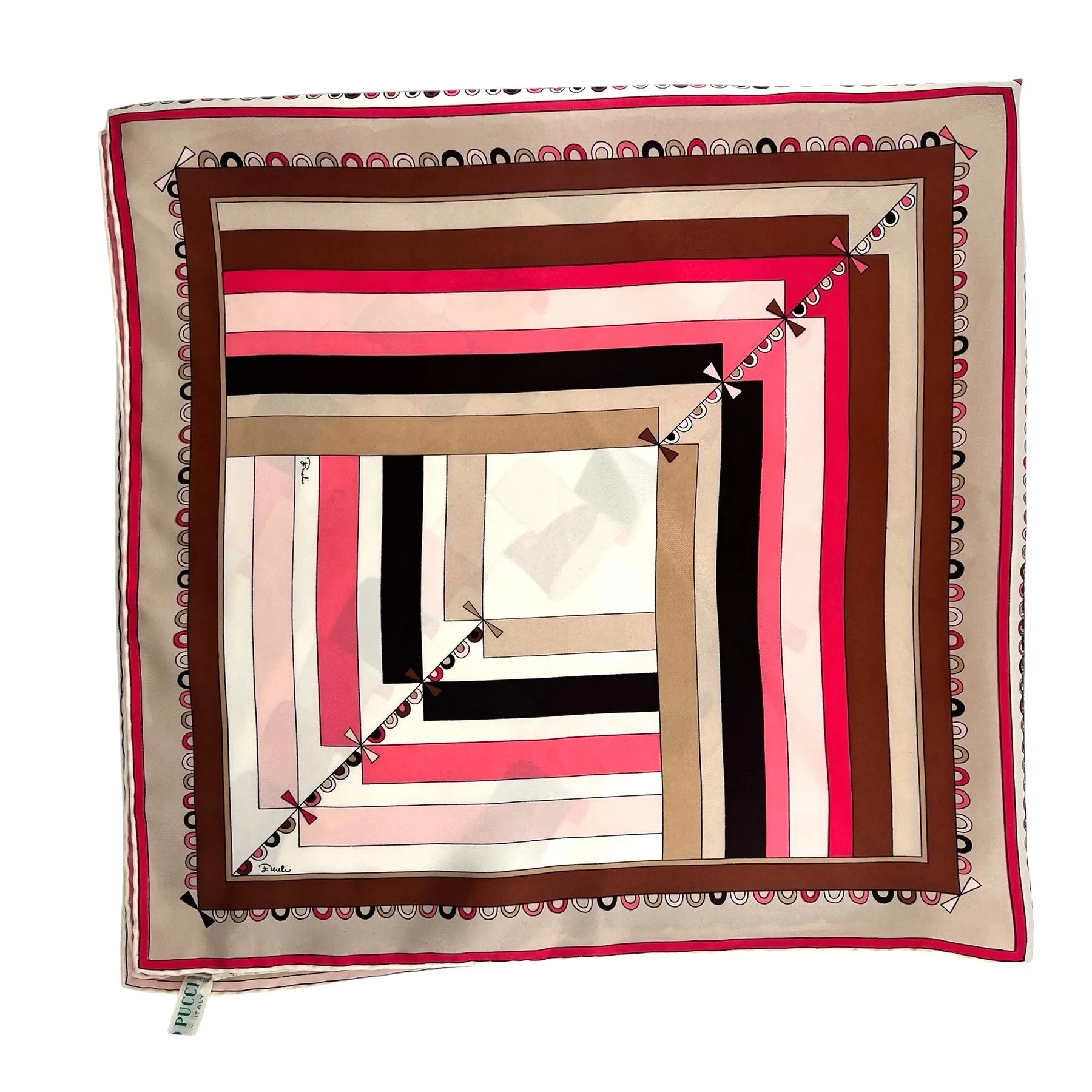 Pucci '60s Geometric Psychedelic Pink, Tan, & Black Square Silk Scarf