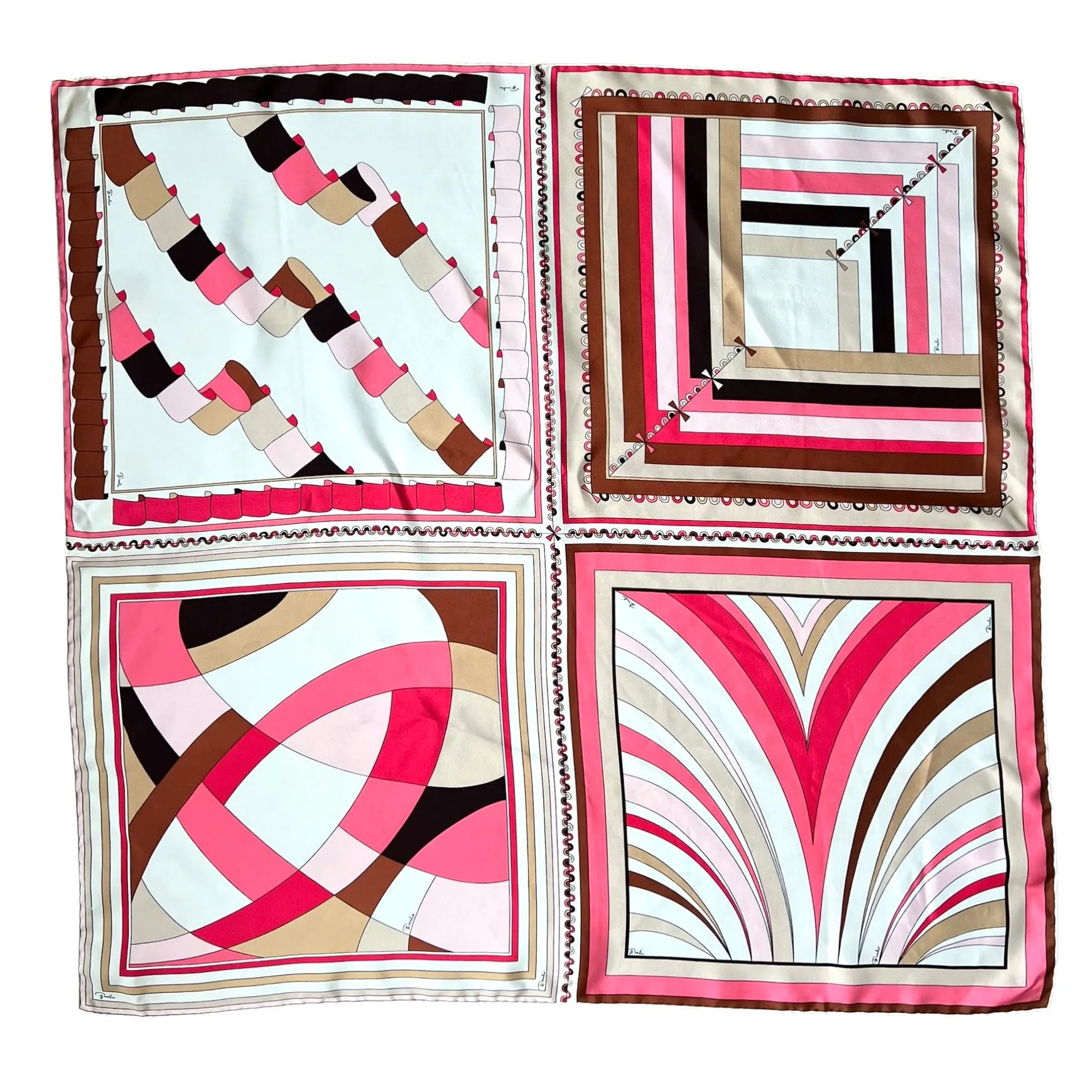 Pucci '60s Geometric Psychedelic Pink, Tan, & Black Square Silk Scarf
