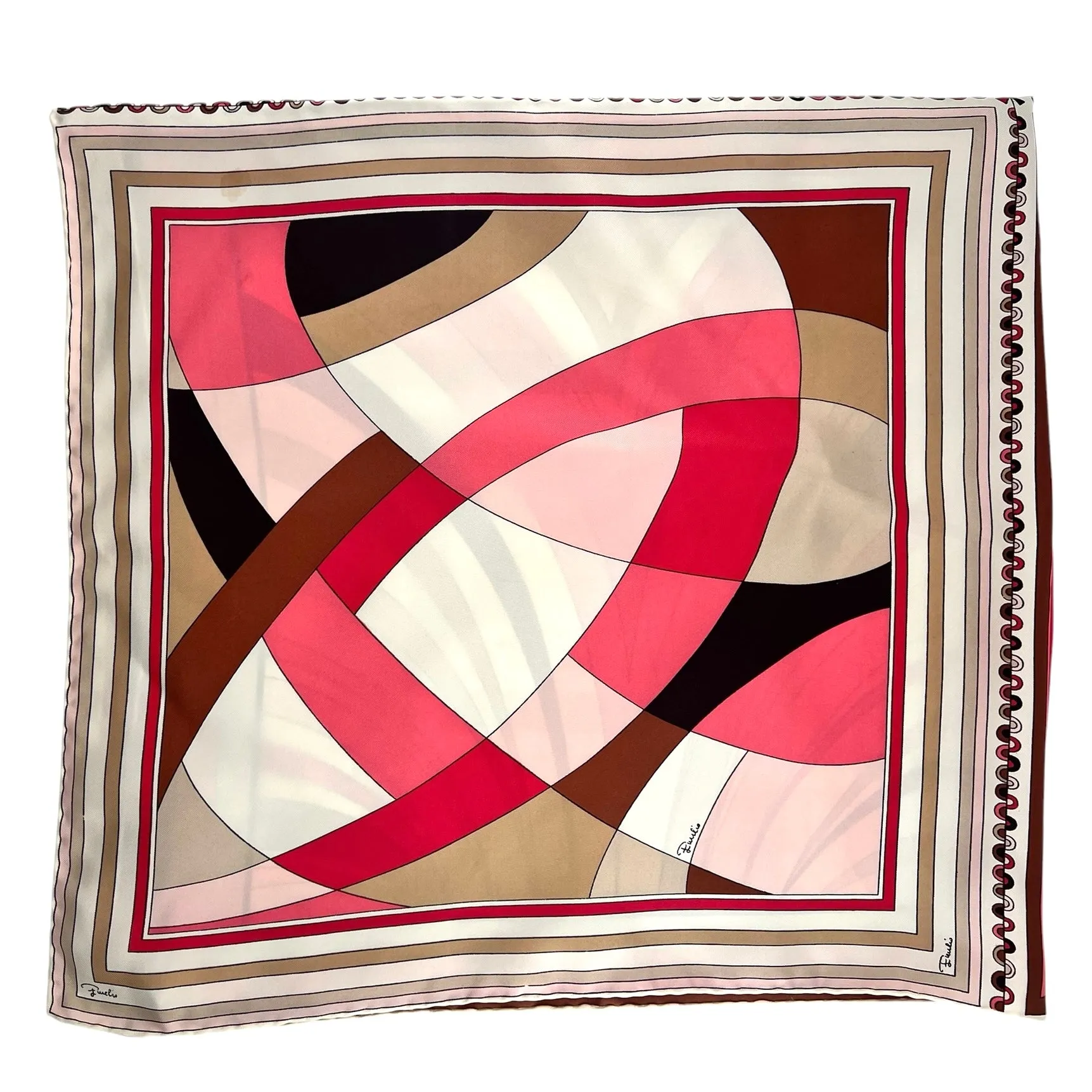 Pucci '60s Geometric Psychedelic Pink, Tan, & Black Square Silk Scarf