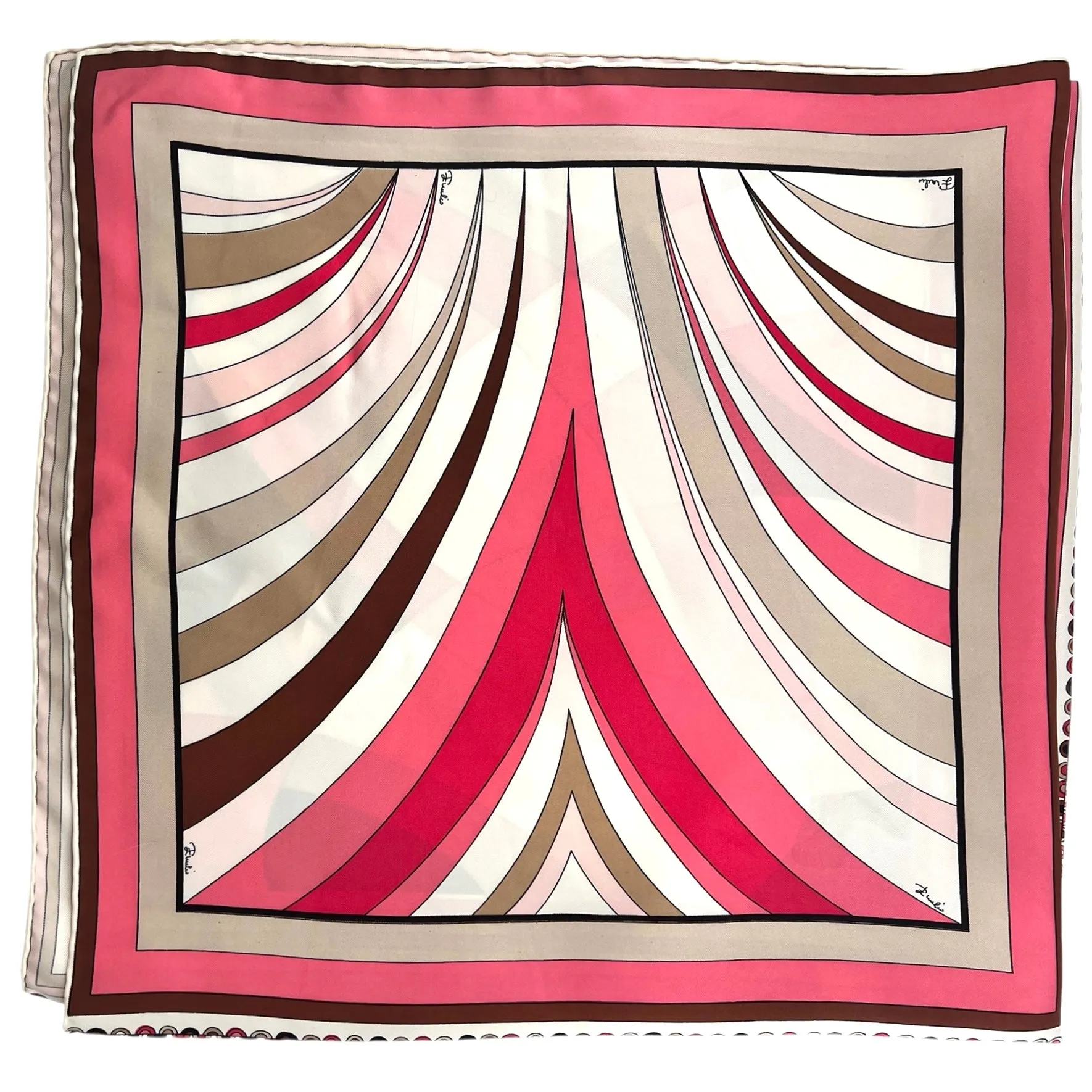 Pucci '60s Geometric Psychedelic Pink, Tan, & Black Square Silk Scarf