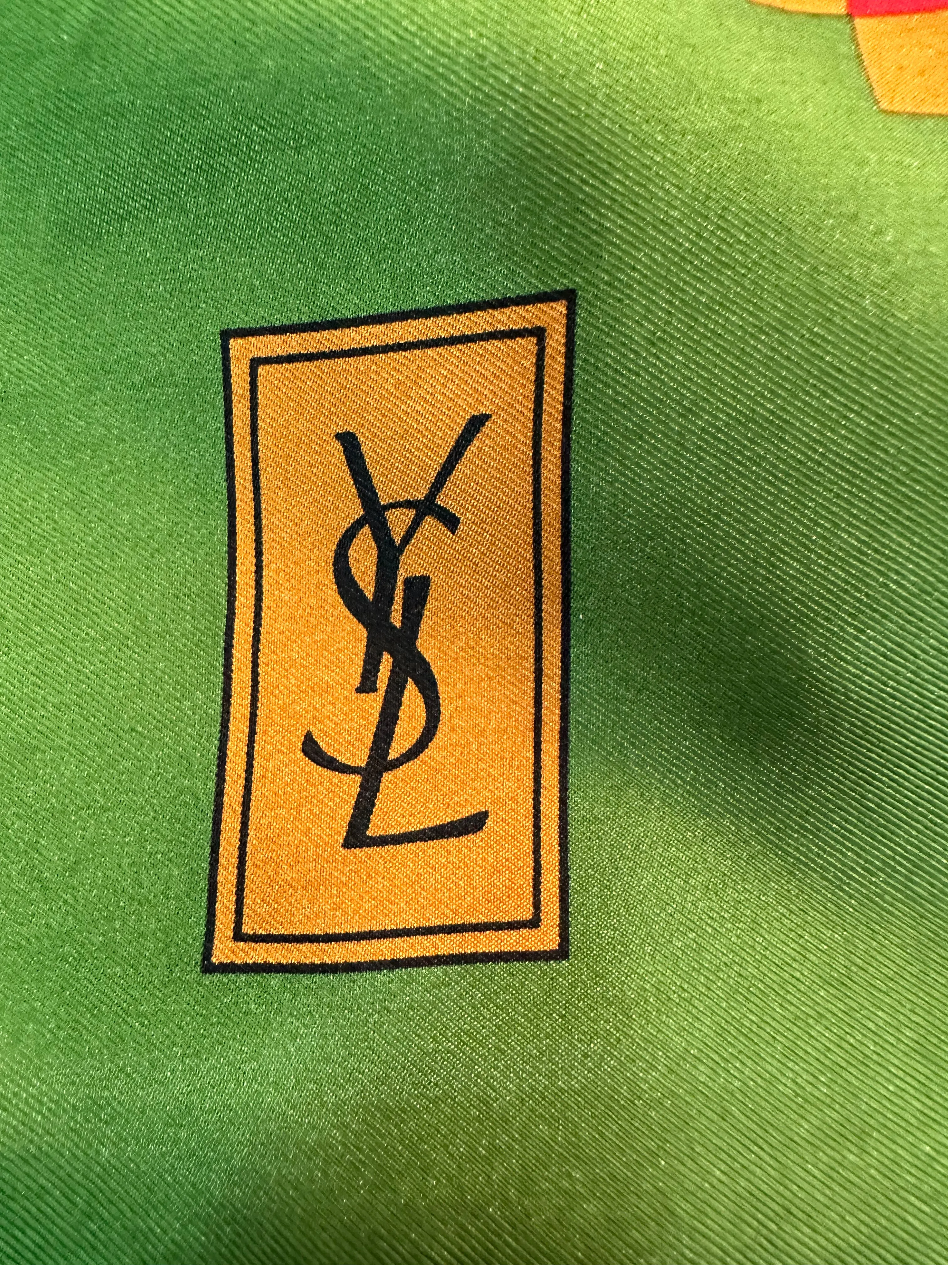 YSL 1970s Autumnal Toned Graphic Print Silk Scarf
