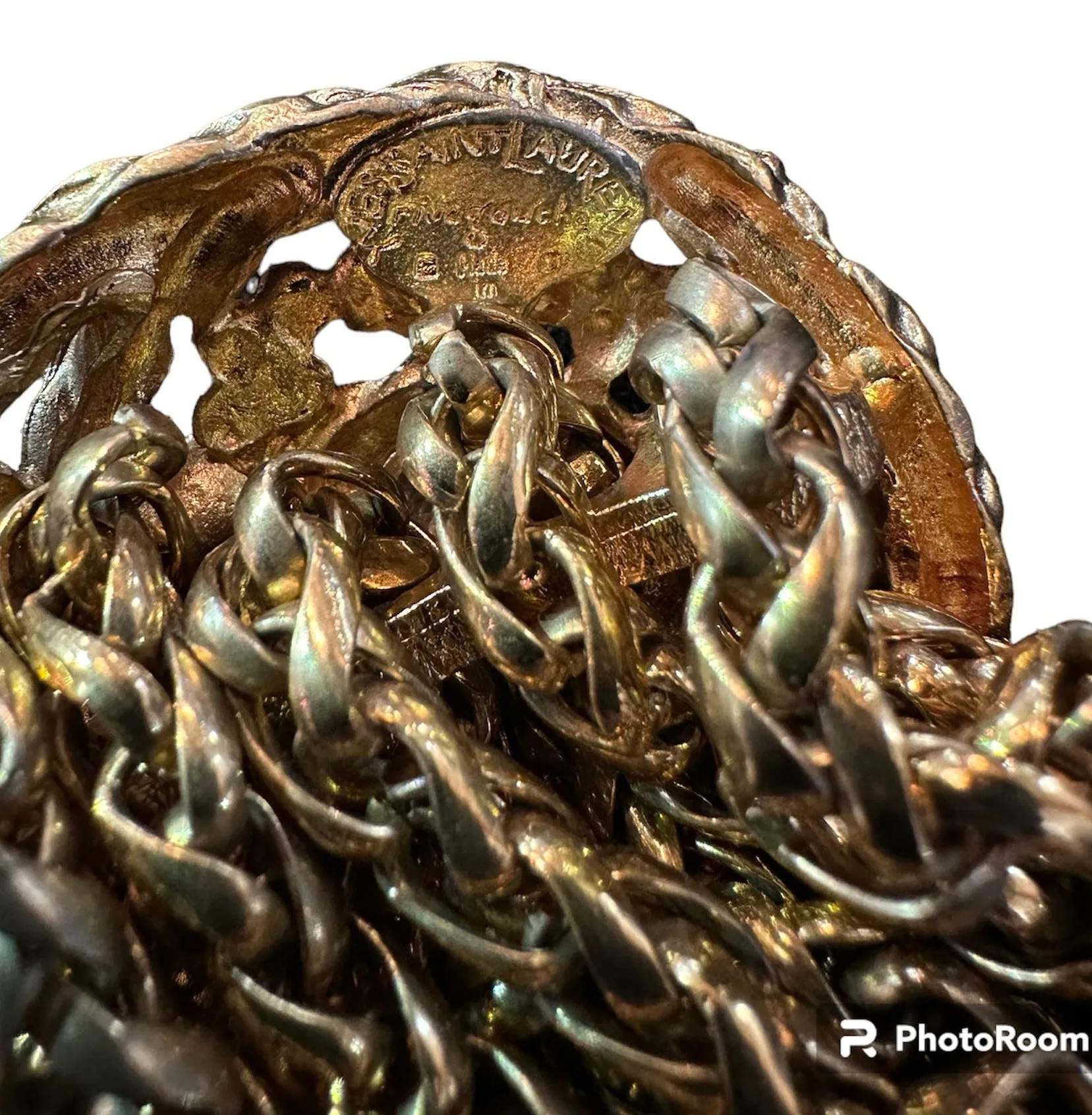 YSL Goosens 80s Doré Bronze Chain Bracelet with Rhinestone Medallion