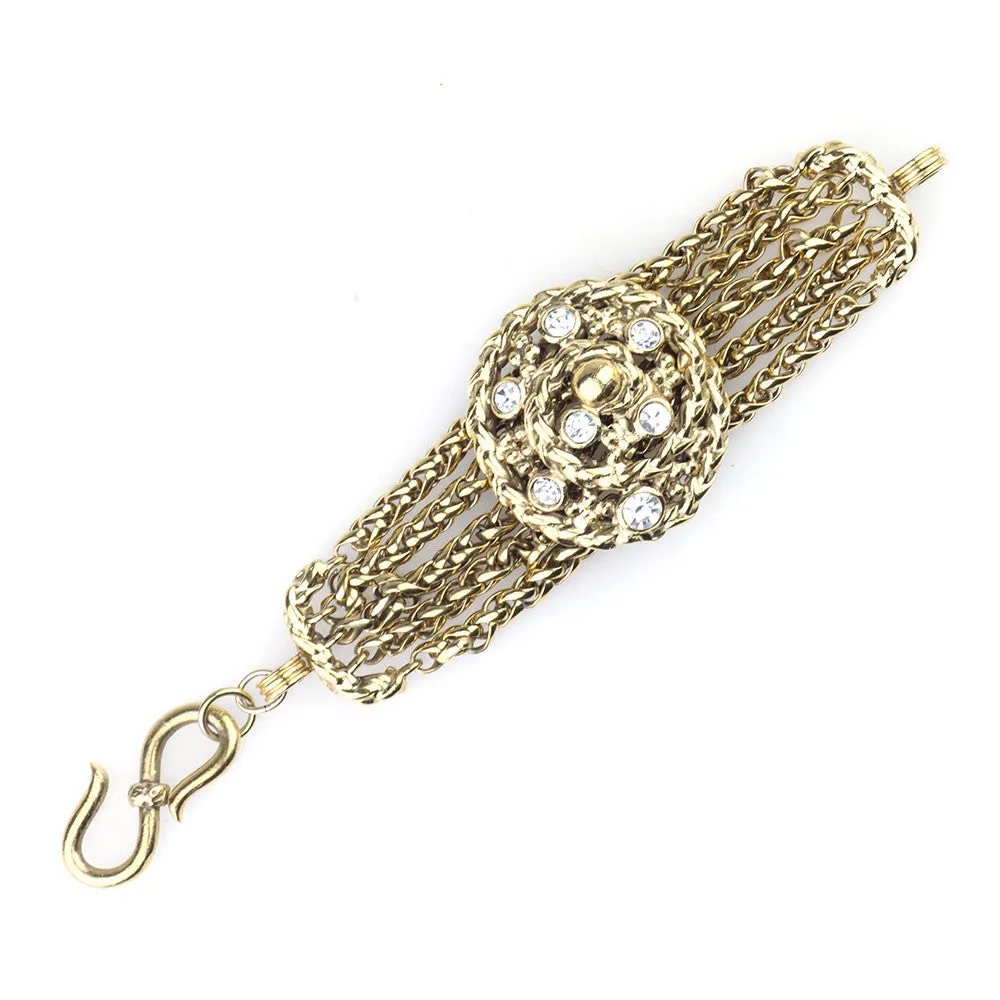 YSL Goosens 80s Doré Bronze Chain Bracelet with Rhinestone Medallion