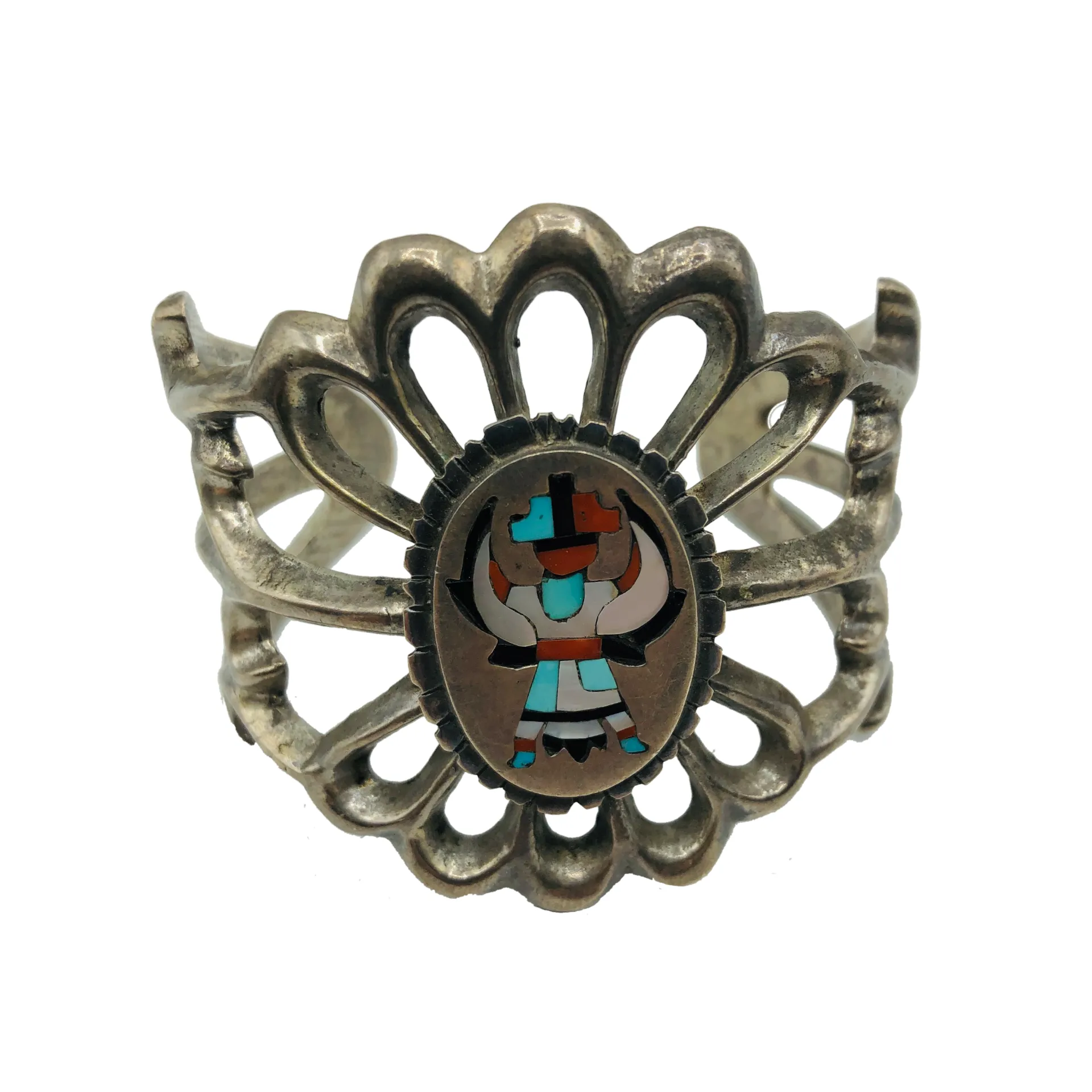 Zuni Sandcast Silver Cuff Bracelet with Knifewing Mosaic Inlay