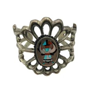 Zuni Sandcast Silver Cuff Bracelet with Knifewing Mosaic Inlay